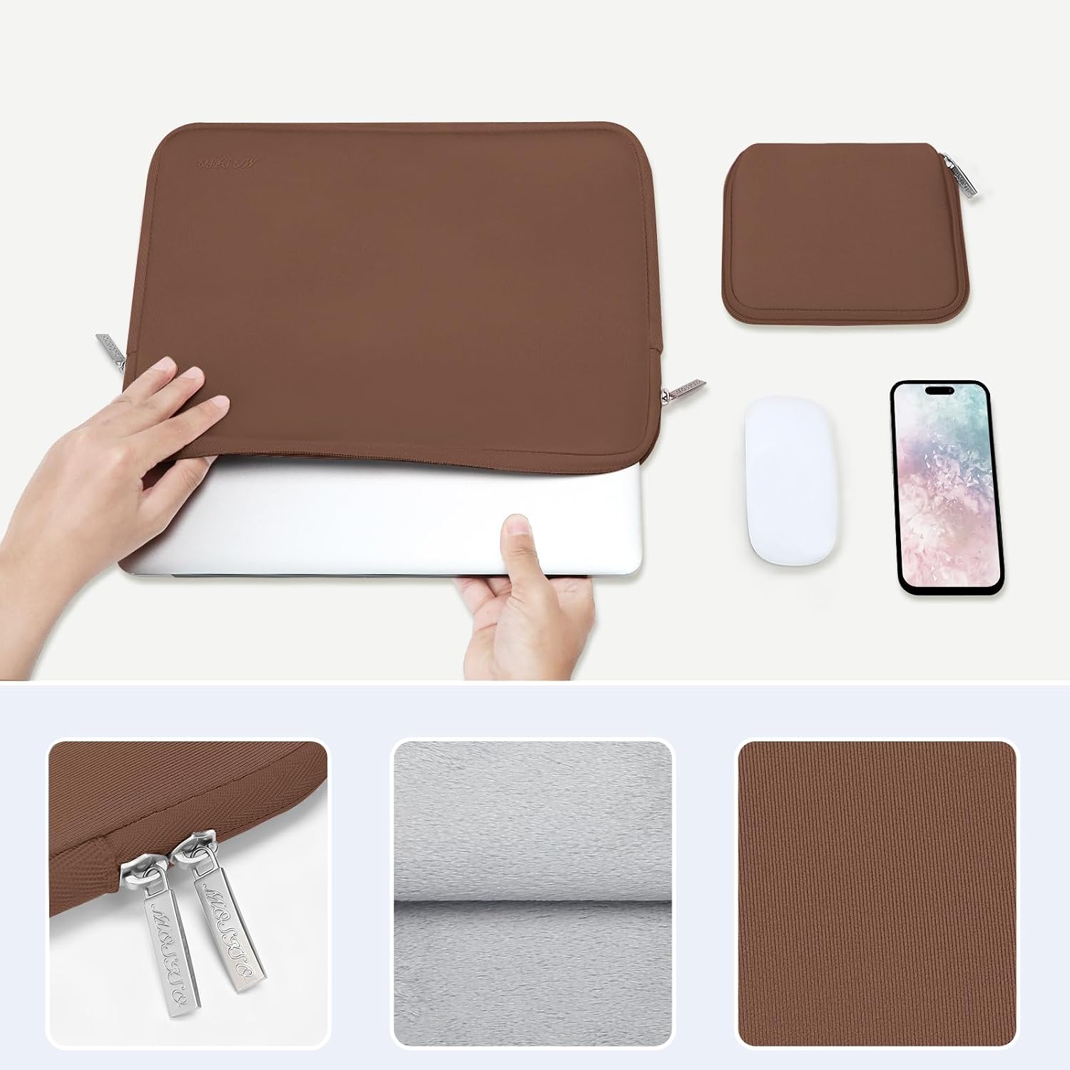 Detalle de MOSISO 15 Zoll Laptophülle Karamellbraun – Neoprenhülle mit Dreilagen-Schutz und Zubehörfach