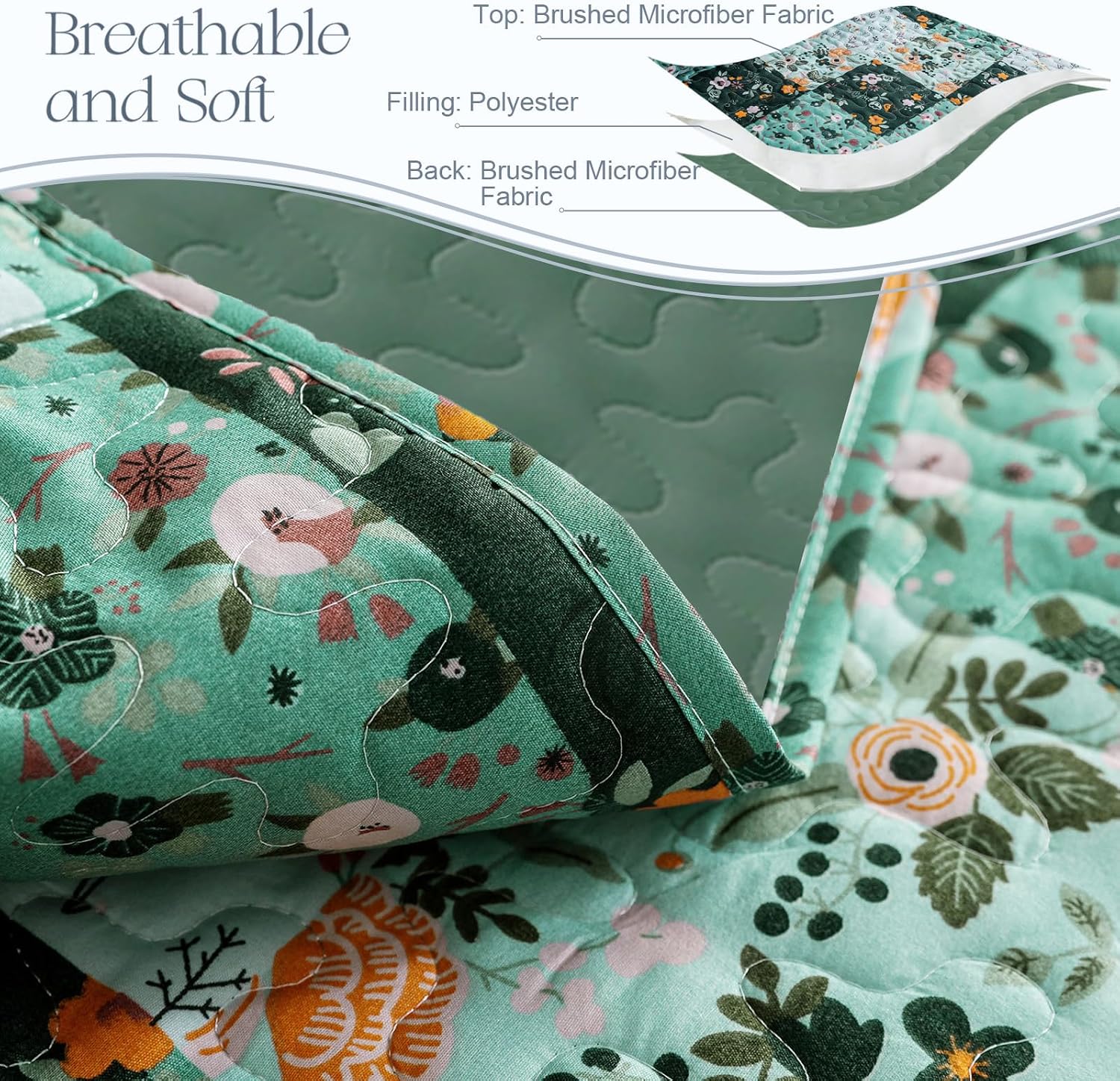 Detalle 2 de Exclusivo Mezcla Quilt13-DGREEN-Q Queen Quilt Set, Reversible Green Floral Patchwork