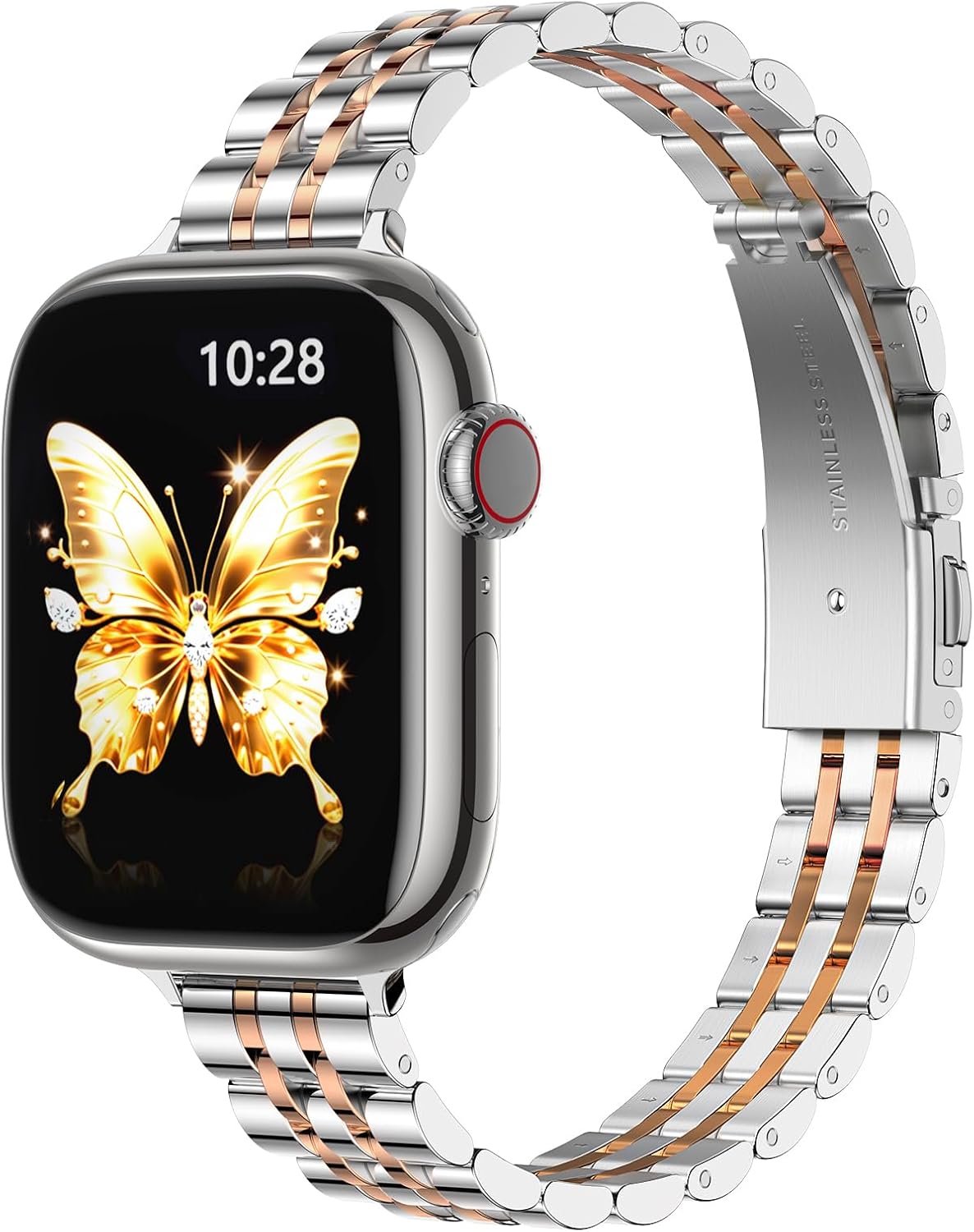 Detalle de GEARYOU Slim Stainless Steel Apple Watch Strap (40mm/38mm/41mm/42mm) – Silver/Rose Gold finish