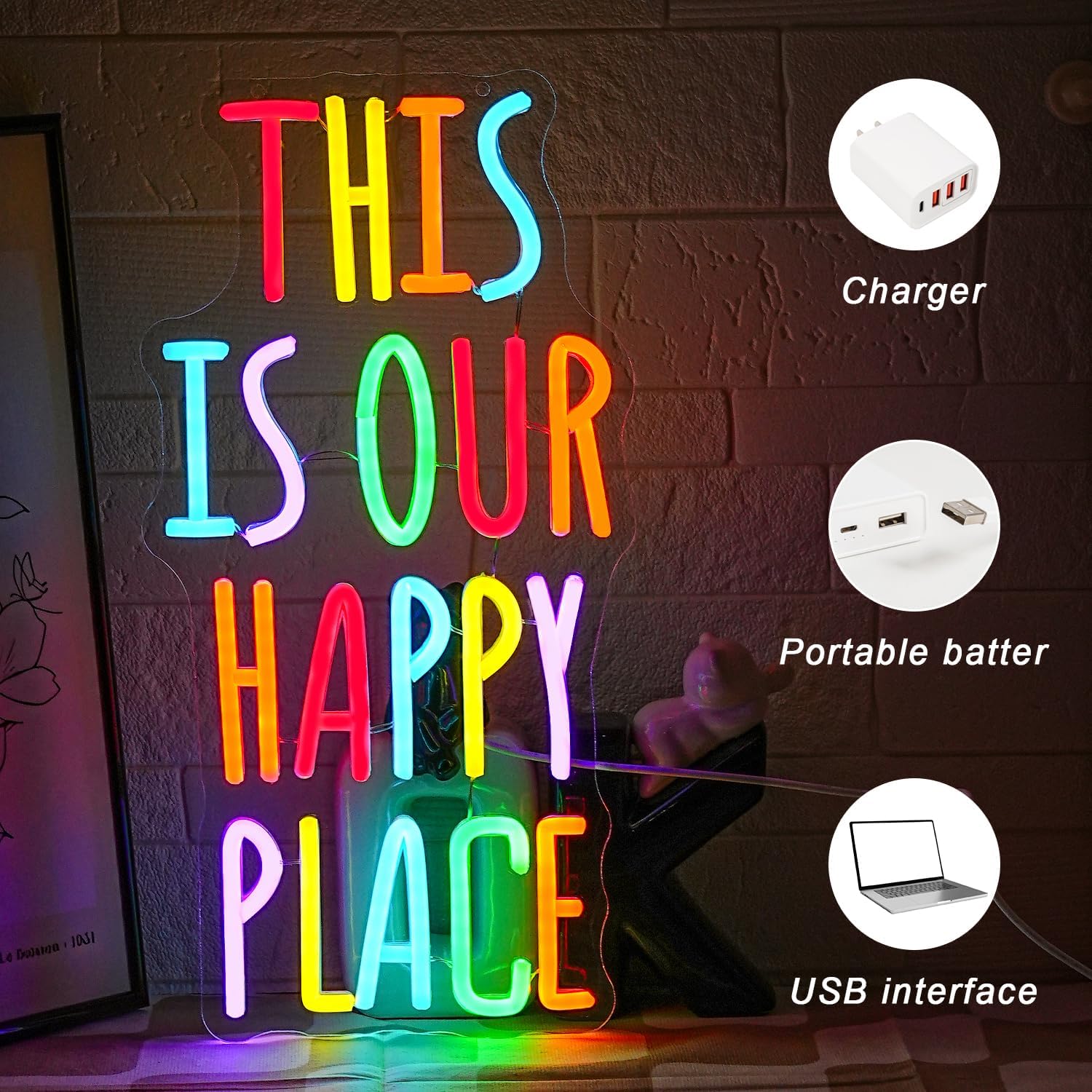 Thumbnail 2 de LMSIGNLY Happy Place Neonzeichen – Bunte LED-Wanddekoration für Wohnzimmer, Schlafzimmer und Klassenraum
