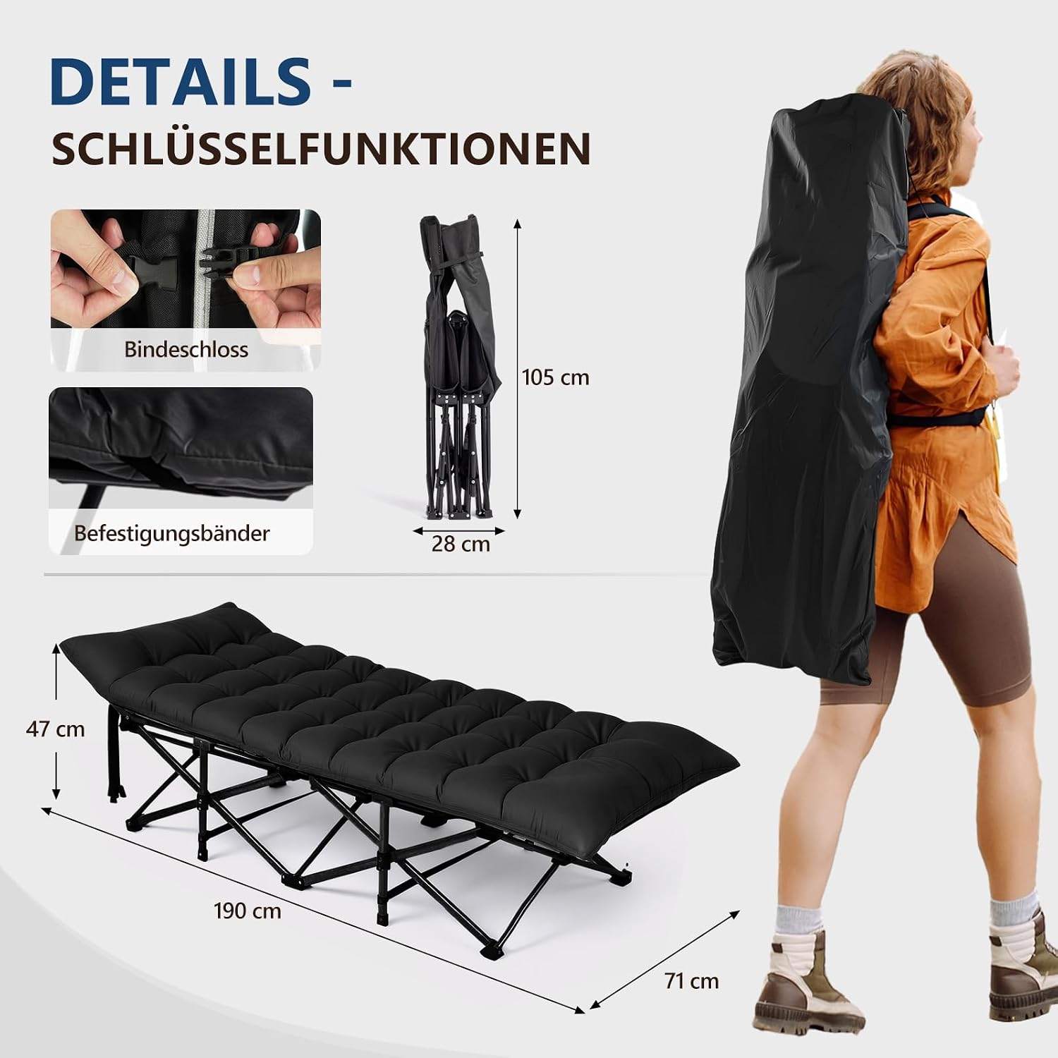 Detalle de Bonnlo Feldbett klappbar mit Matratze – XXL Campingbett 190 x 71 x 36 cm, bis 150 kg, Schwarz