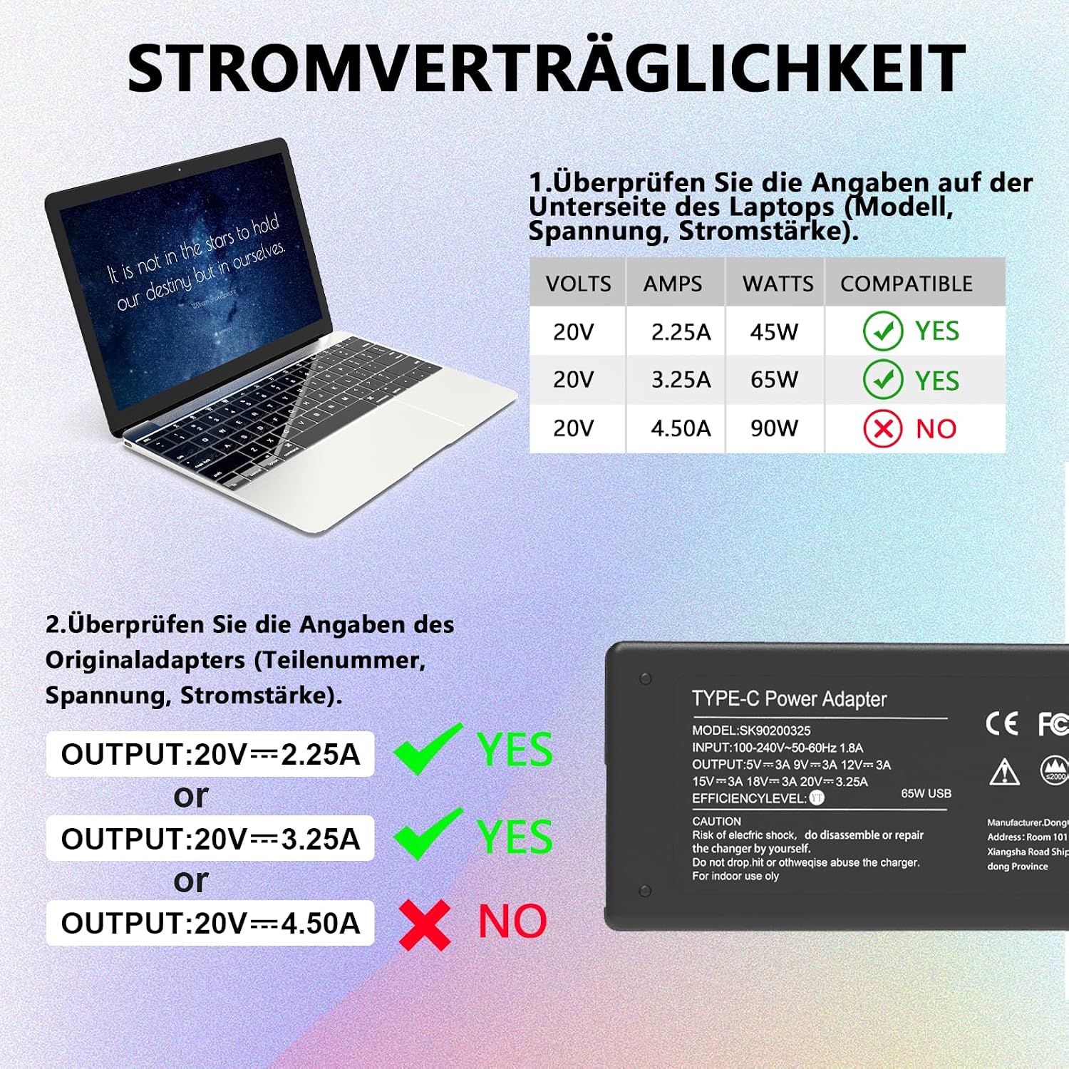 Detalle 2 de 65W USB-C Laptop-Ladegerät Kabel für Lenovo ThinkPad, HP, Dell, Asus, Acer, Samsung und mehr