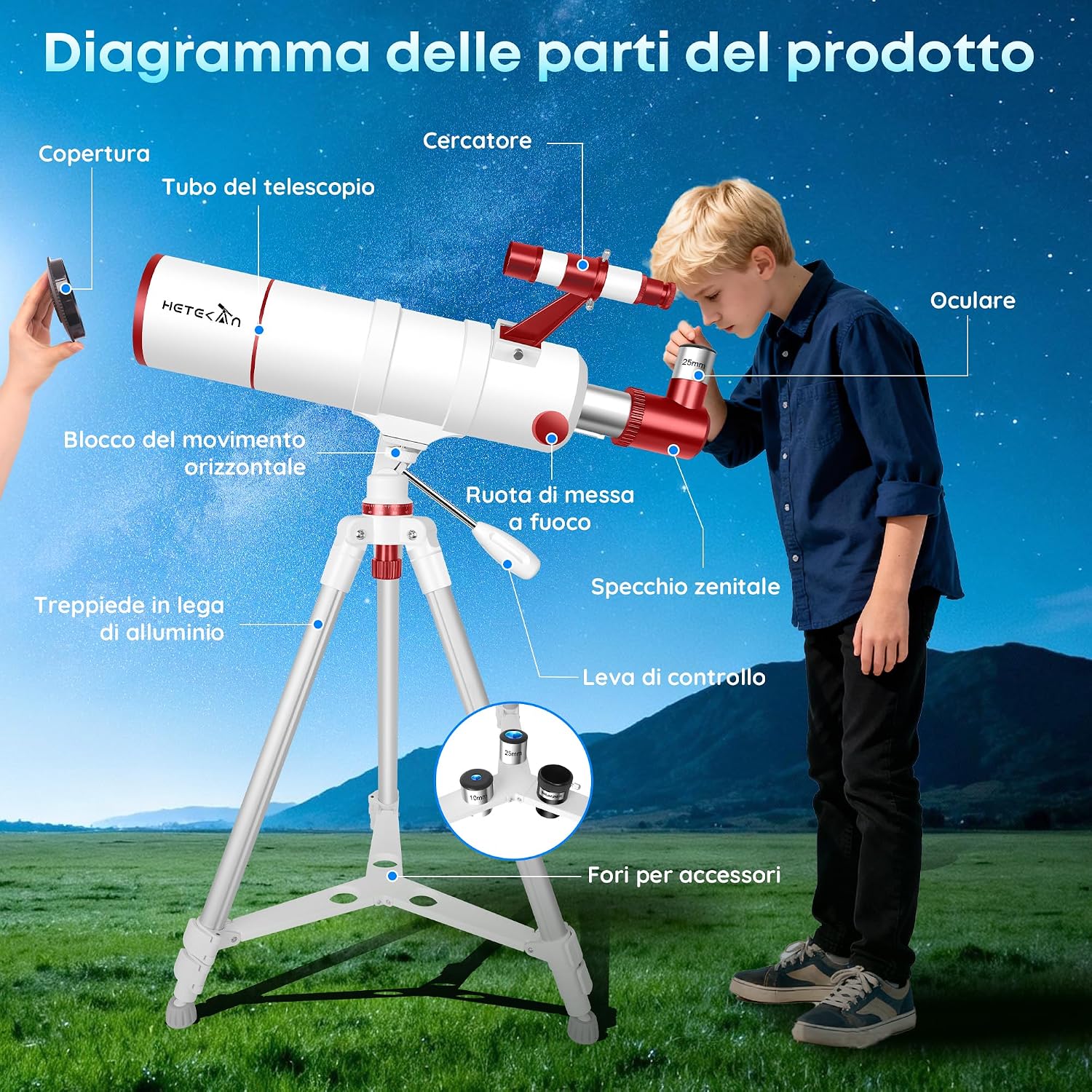 Detalle de HETEKAN Telescopio 90/900: rifrattore professionale per adulti, bambini e principianti