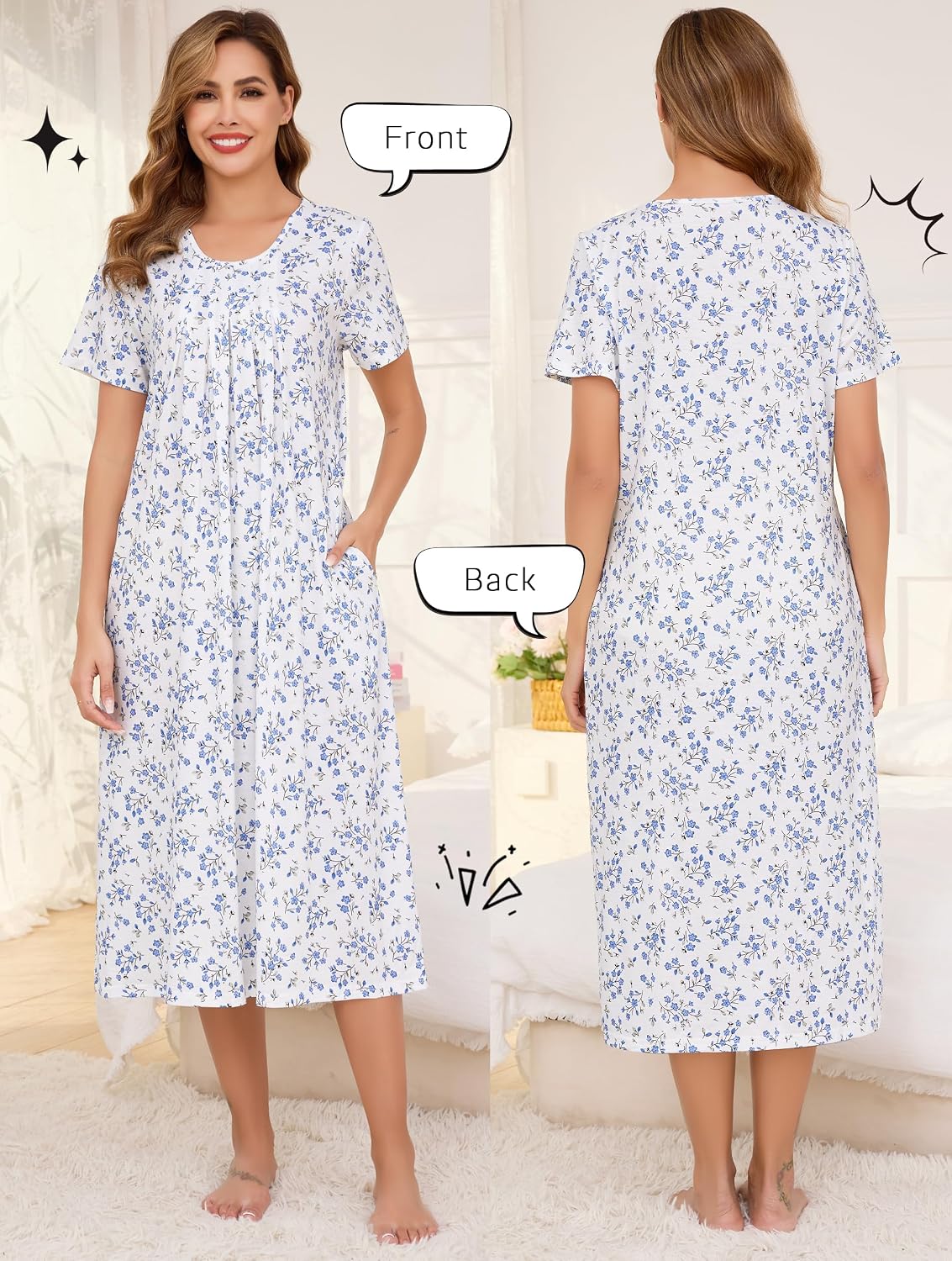 Thumbnail 2 de Vlazom Women's Long Nightgown with Pleats – Soft Modal, Two Pockets, Short Sleeves