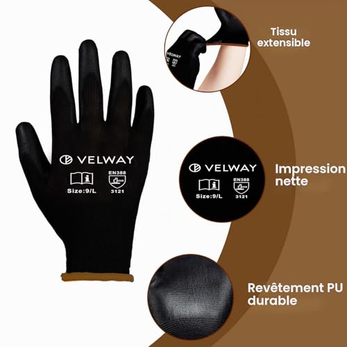 Detalle de Velway Gants de Travail Enduits PU 12 Paires Noir – Taille L ( 25 cm )