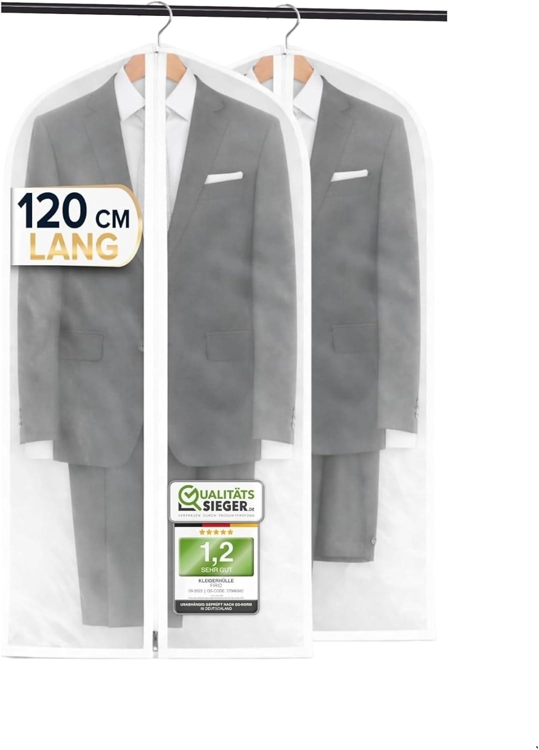 Detalle de FiRiO Premium Kleiderhülle 120x60 cm – 2 Stück, mottensicher, atmungsaktiv, wasserfest, transparent