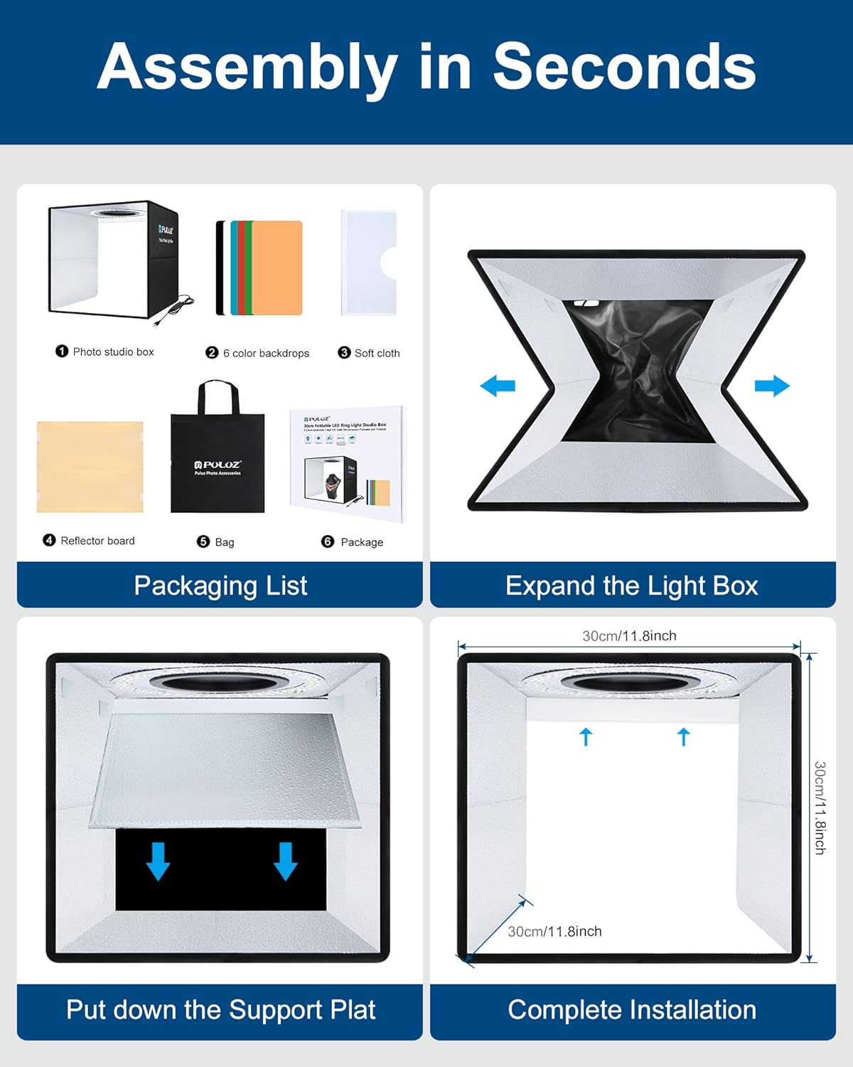 Thumbnail 6 de PULUZ 12''×12'' Portable Photography Light Box — 30cm with 120 LED Lights and 6 Backdrops