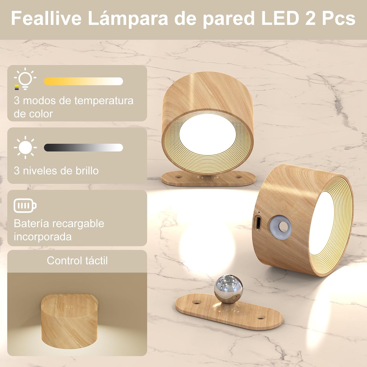 Detalle de Feallive Lámpara de pared LED con USB 2 piezas
