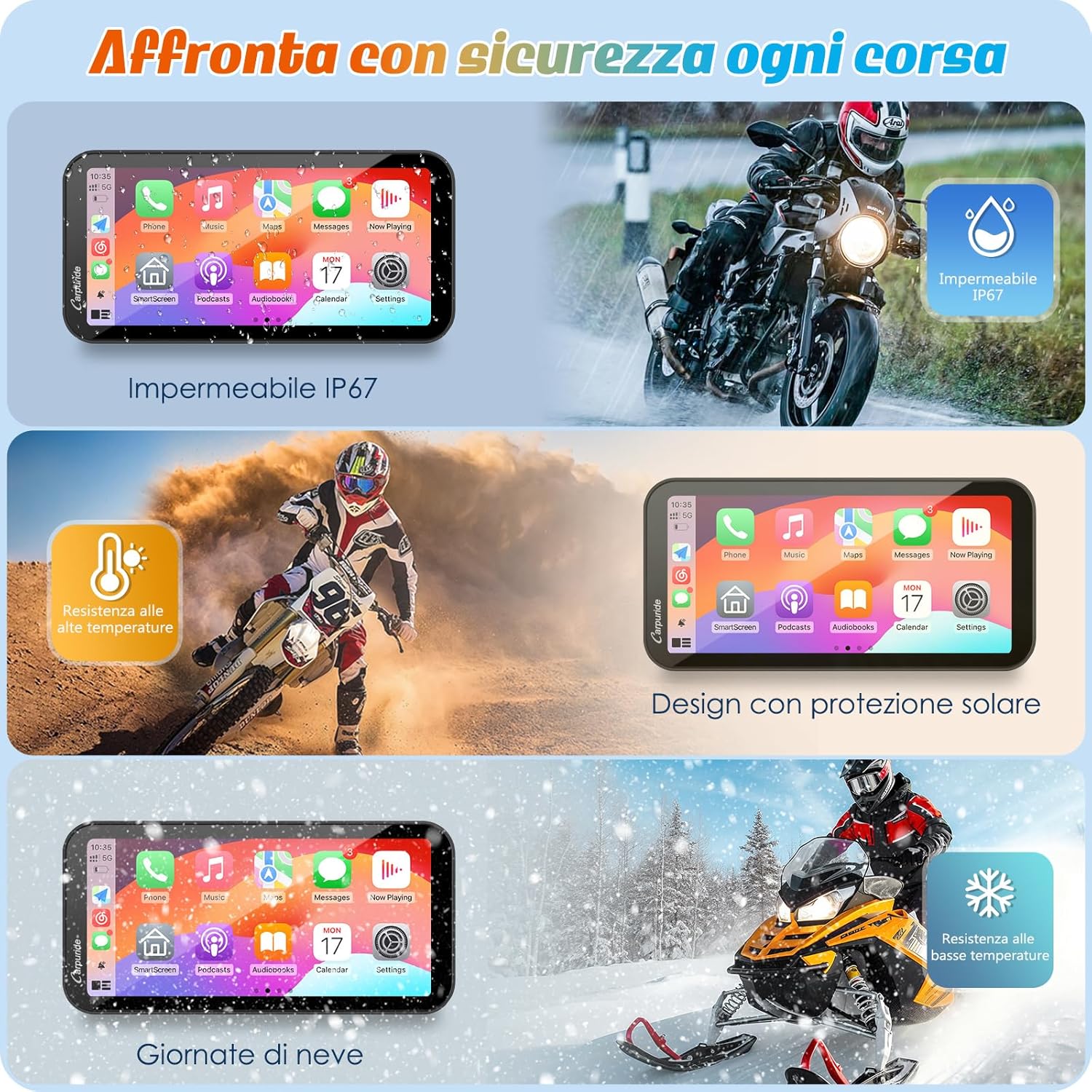 Thumbnail 5 de Carpuride W603 schermo CarPlay per moto da 6,3” wireless e Android Auto, touch impermeabile IP67 con audio BT e controllo vocale