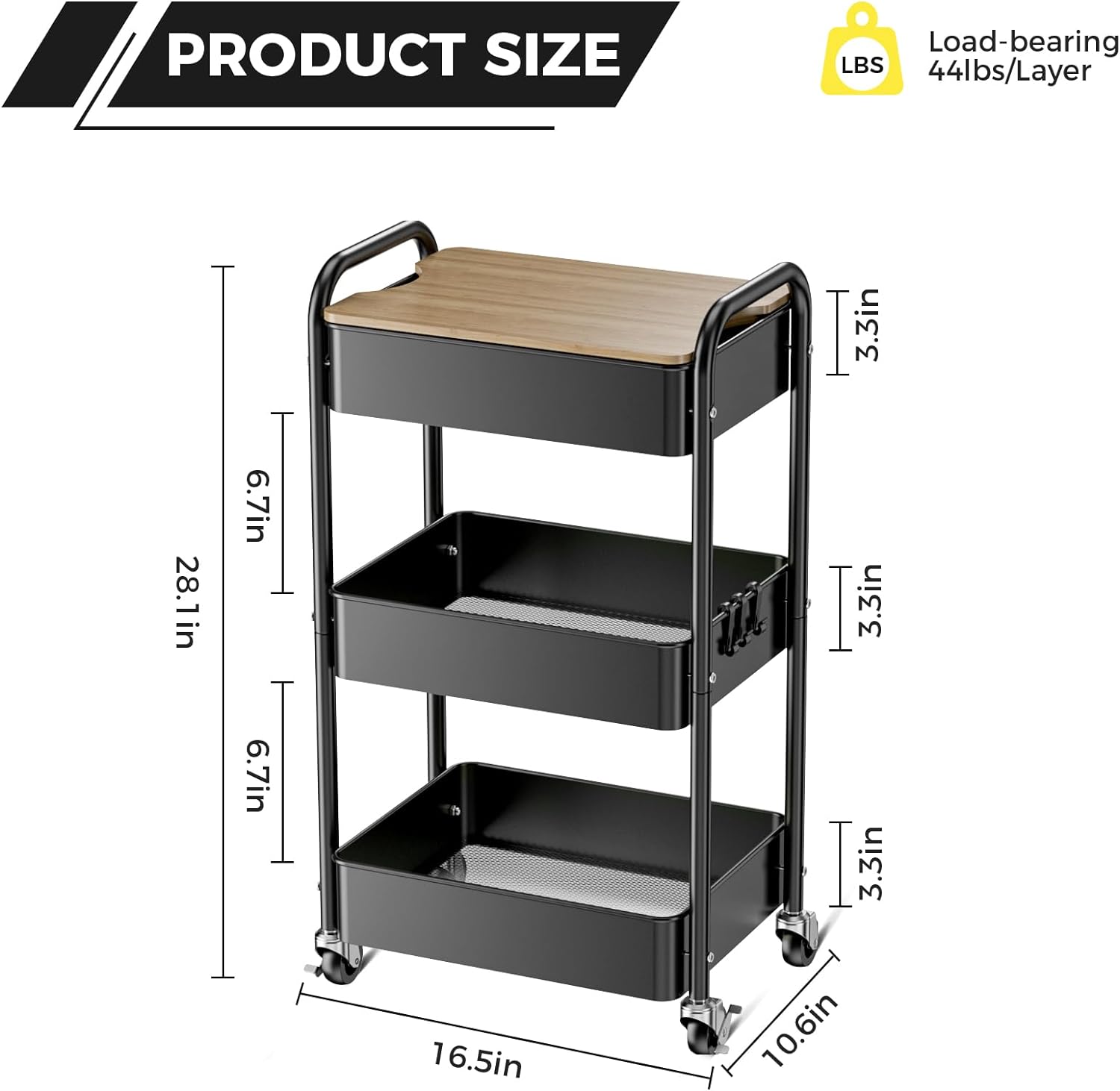 Detalle 2 de Shrivee NR-AT66B 3-Tier Metal Serving Trolley with Lockable Wheels