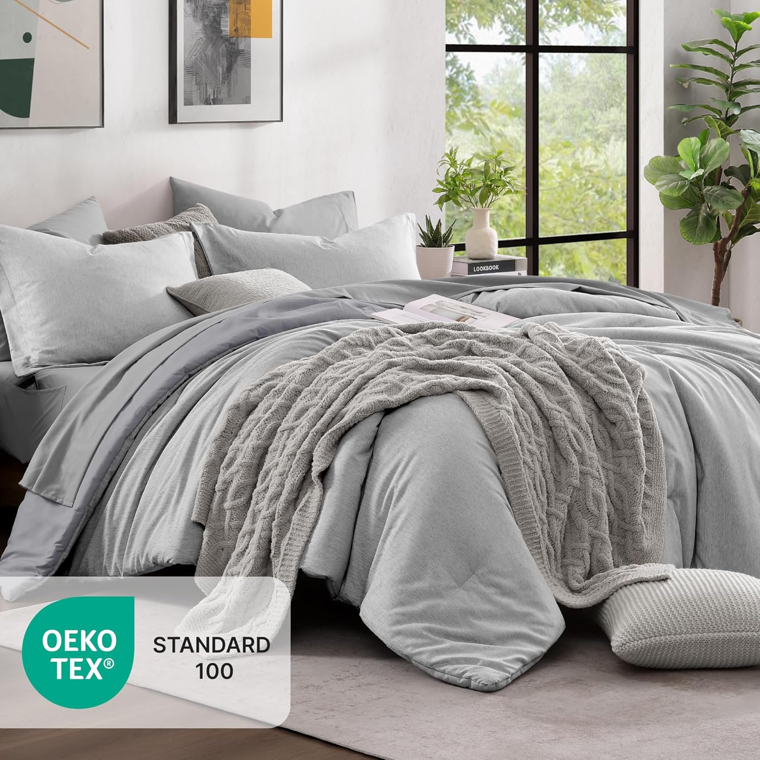 Thumbnail 4 de Monbix Queen Comforter Set - 7 Pieces with Cationic-Dyed Light Grey Bedding