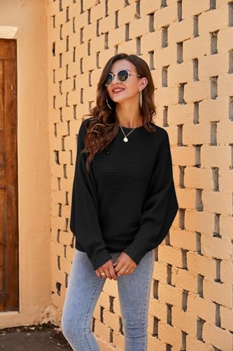 Detalle de Fessceruna Damen-Oversize-Strickpullover mit Fledermausärmeln, Rundhals und Rippstruktur, Schwarz, L