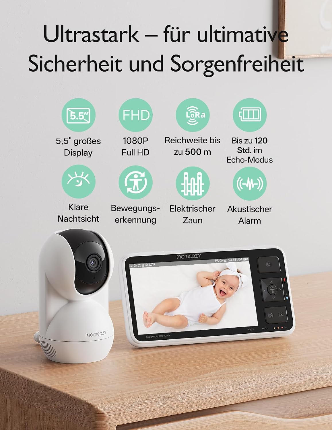 Detalle 2 de Momcozy BM03 Upgrade: 1080p Babyphone ohne WLAN mit Kamera, 5,5-Zoll Display