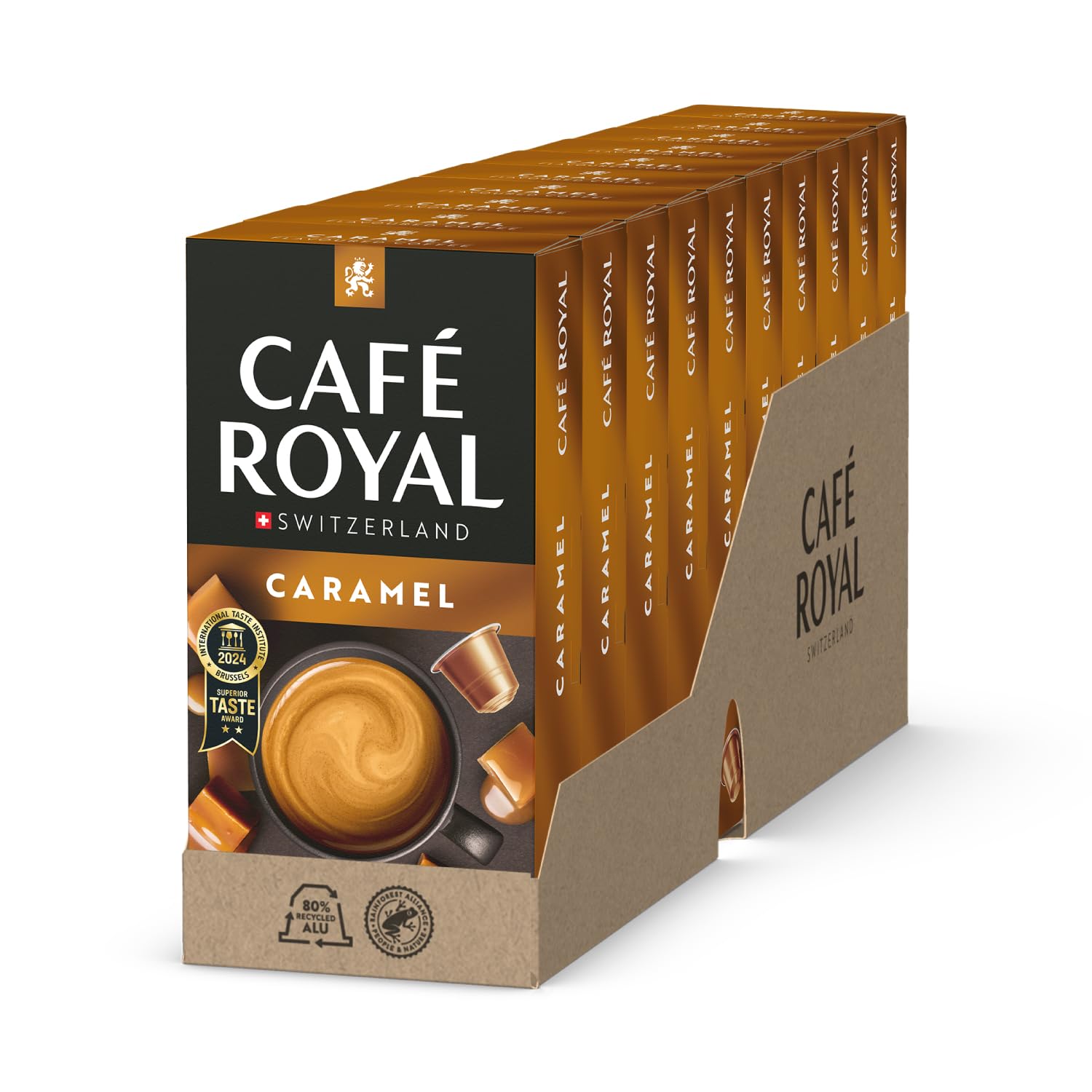 Detalle de Café Royal Caramel Flavoured Kaffee – Nespresso-kompatible Kaffeekapseln, 100 Kapseln, 100% Arabica, Rainforest Alliance