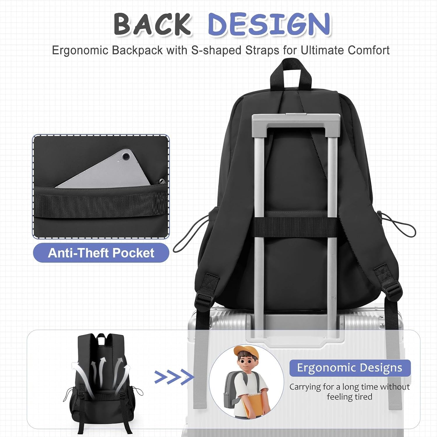 Thumbnail 3 de WEPLAN Women’s School Backpack (14-inch Laptop) – Lightweight Waterproof 24.5L, H1-Black