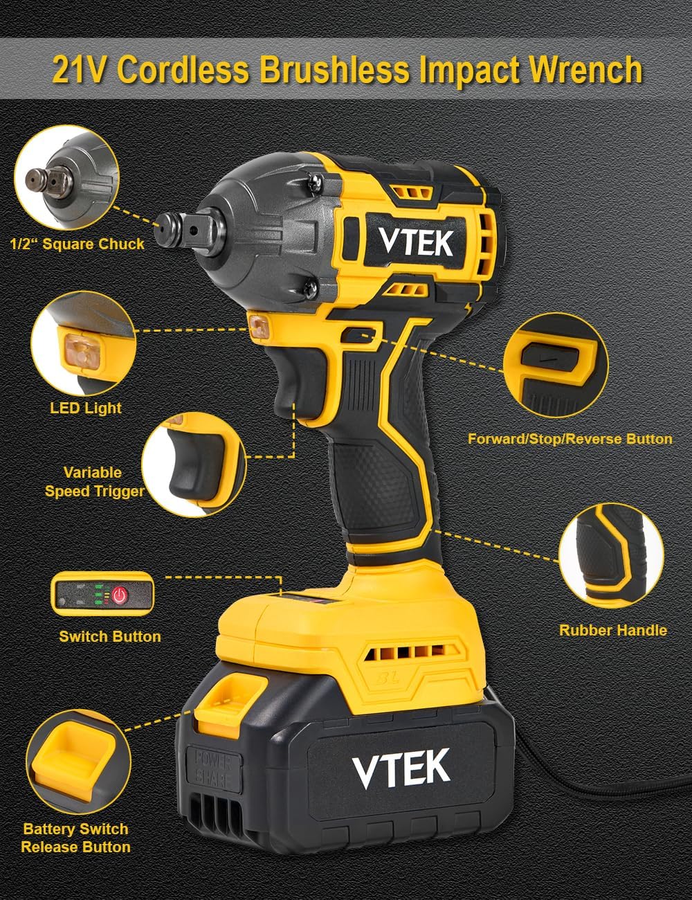 Detalle 2 de VTEK Clé à chocs sans balais 1/2 pouce 295 ft‑lbs