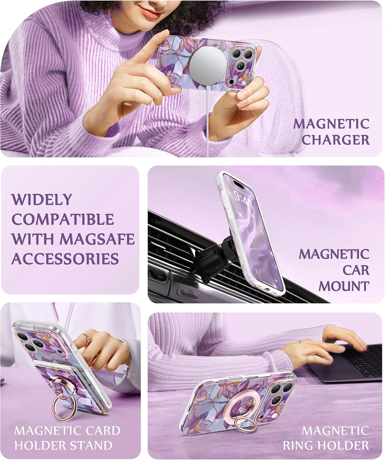 Detalle de GVIEWIN Lotuses/Purple iPhone Case for 17 Pro & 18 Pro, MagSafe, Camera Cover
