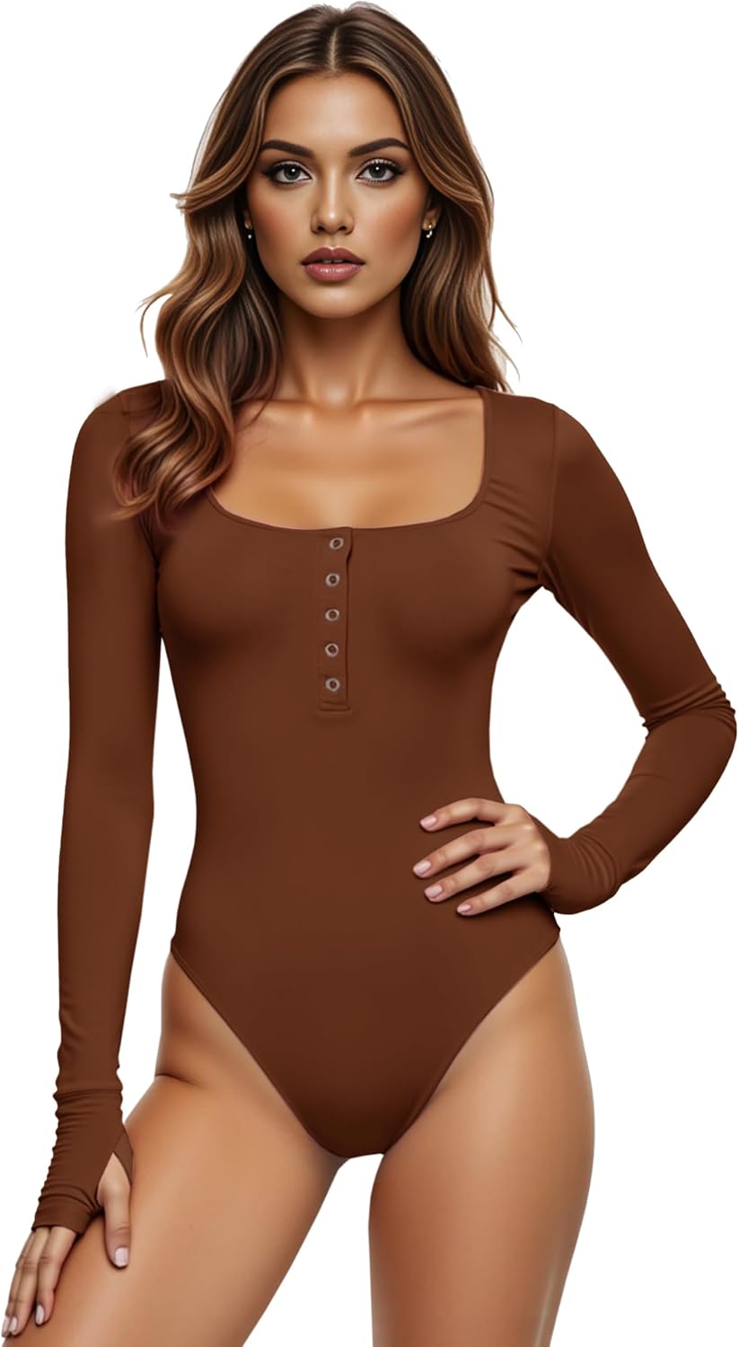 Detalle 2 de GJY Body da donna in viscosa di bambù con chiusura a bottoni e maniche lunghe, scollo rotondo