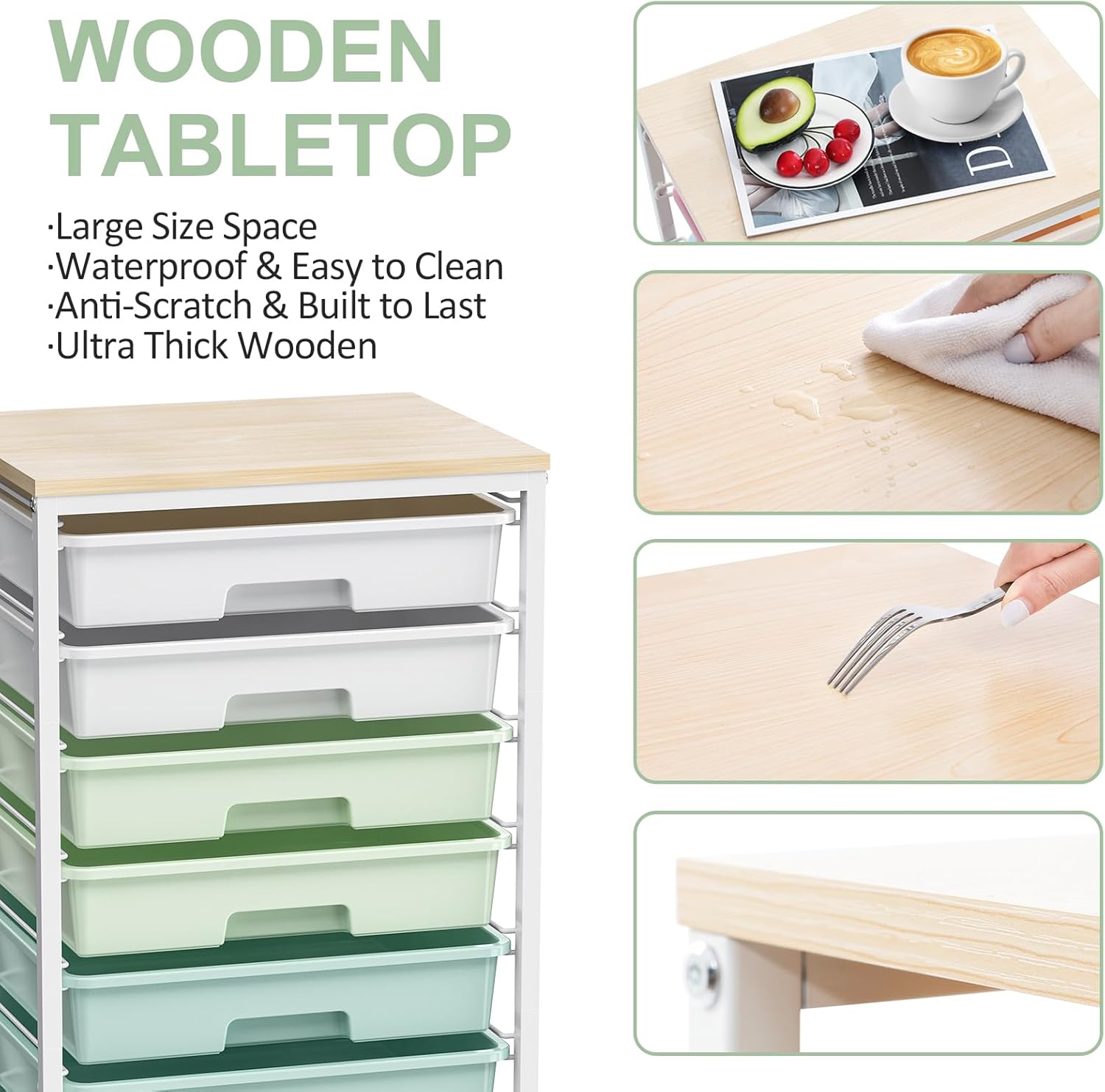 Detalle de SYKIARIOL 924-GN Utility Cart with 8 Drawers, Light Green, Wooden Top