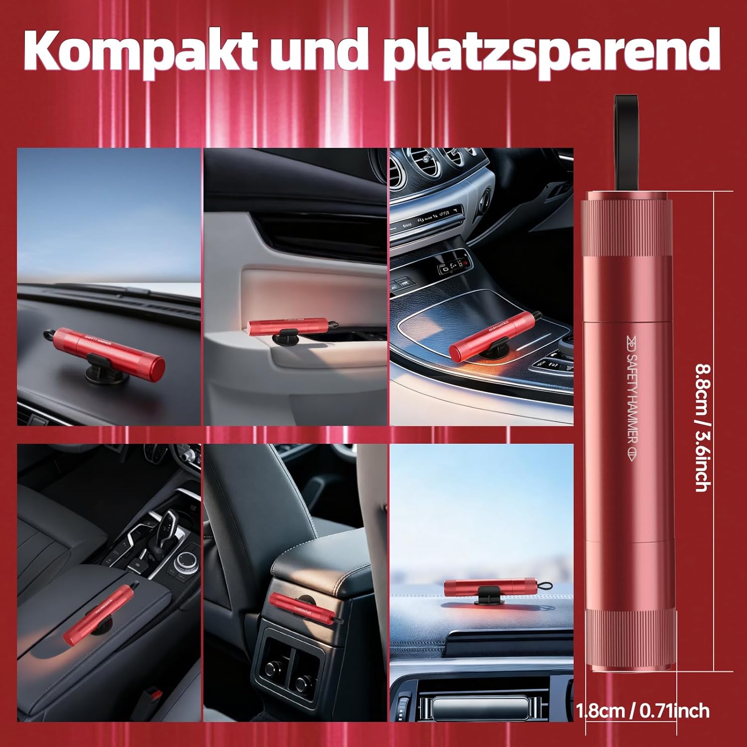 Thumbnail 6 de Marteau de secours 2-en-1 avec coupe-ceinture, kit sécurité 4 pièces (brise-vitre à ressort, lame en U, base adhésive)