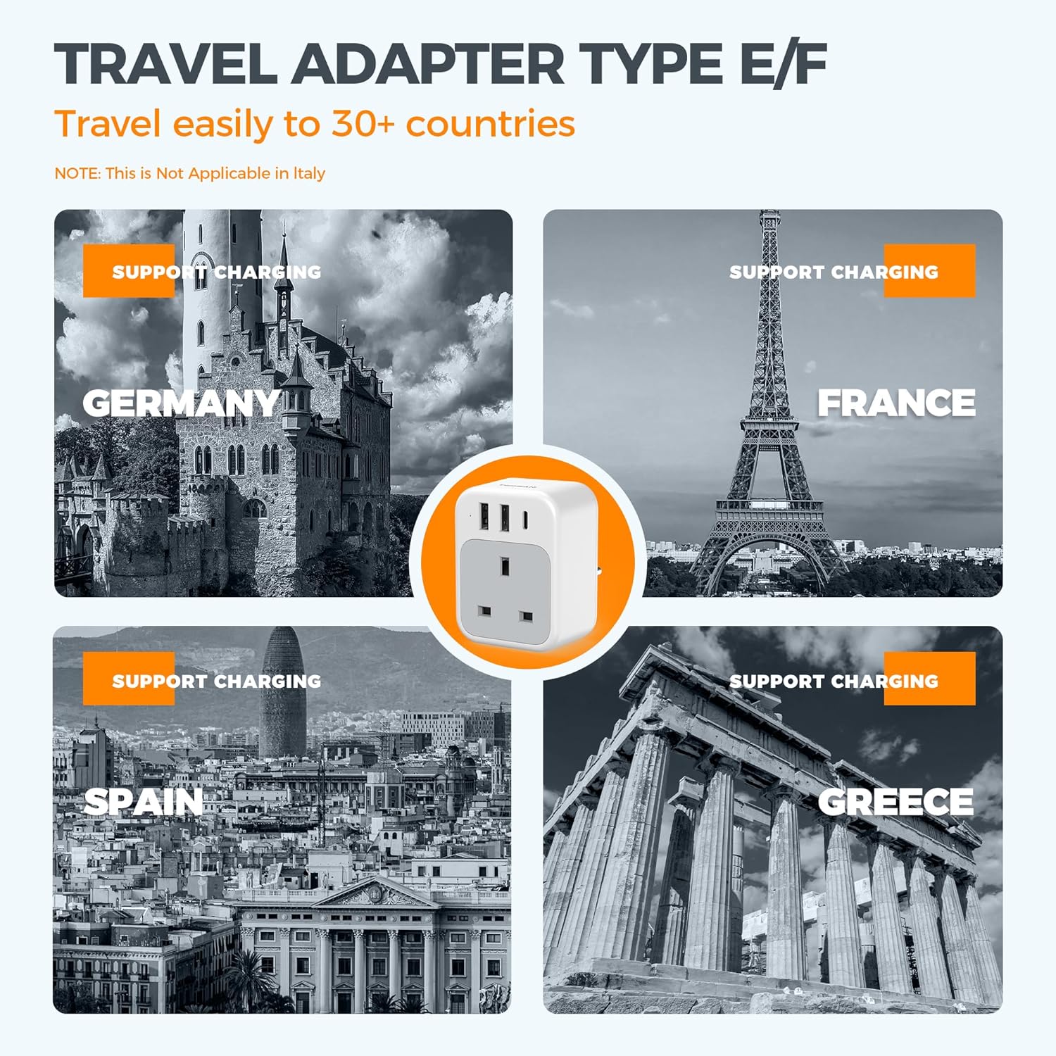 Detalle de UK to Europe Plug Adapter with 3 USB (Type E/F Schuko) by TESSAN — EU Travel Adaptor for Multiple Countries