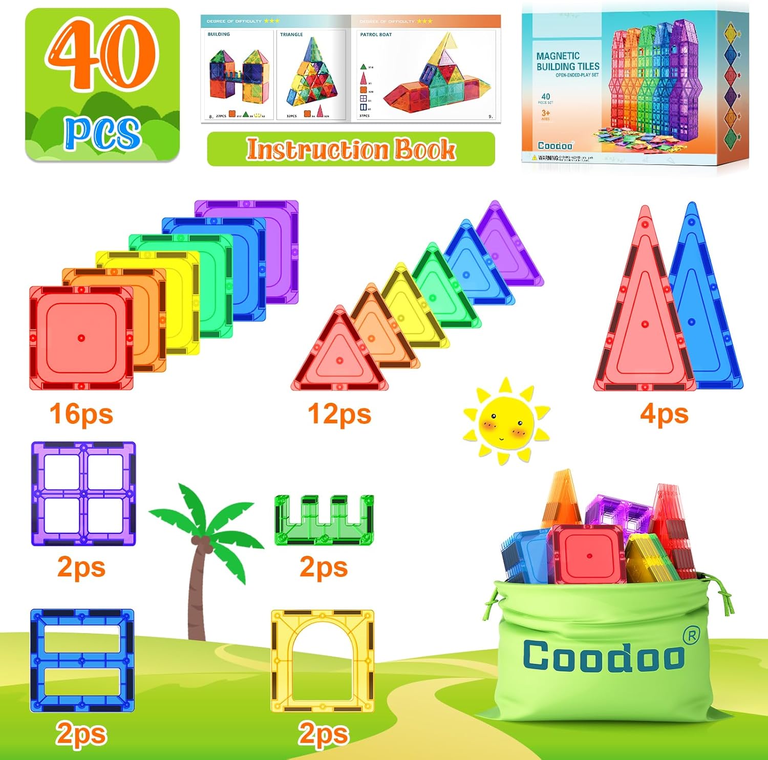 Detalle de Coodoo Magnetic Tiles Starter Set (40 Pieces) for Toddlers and Kids
