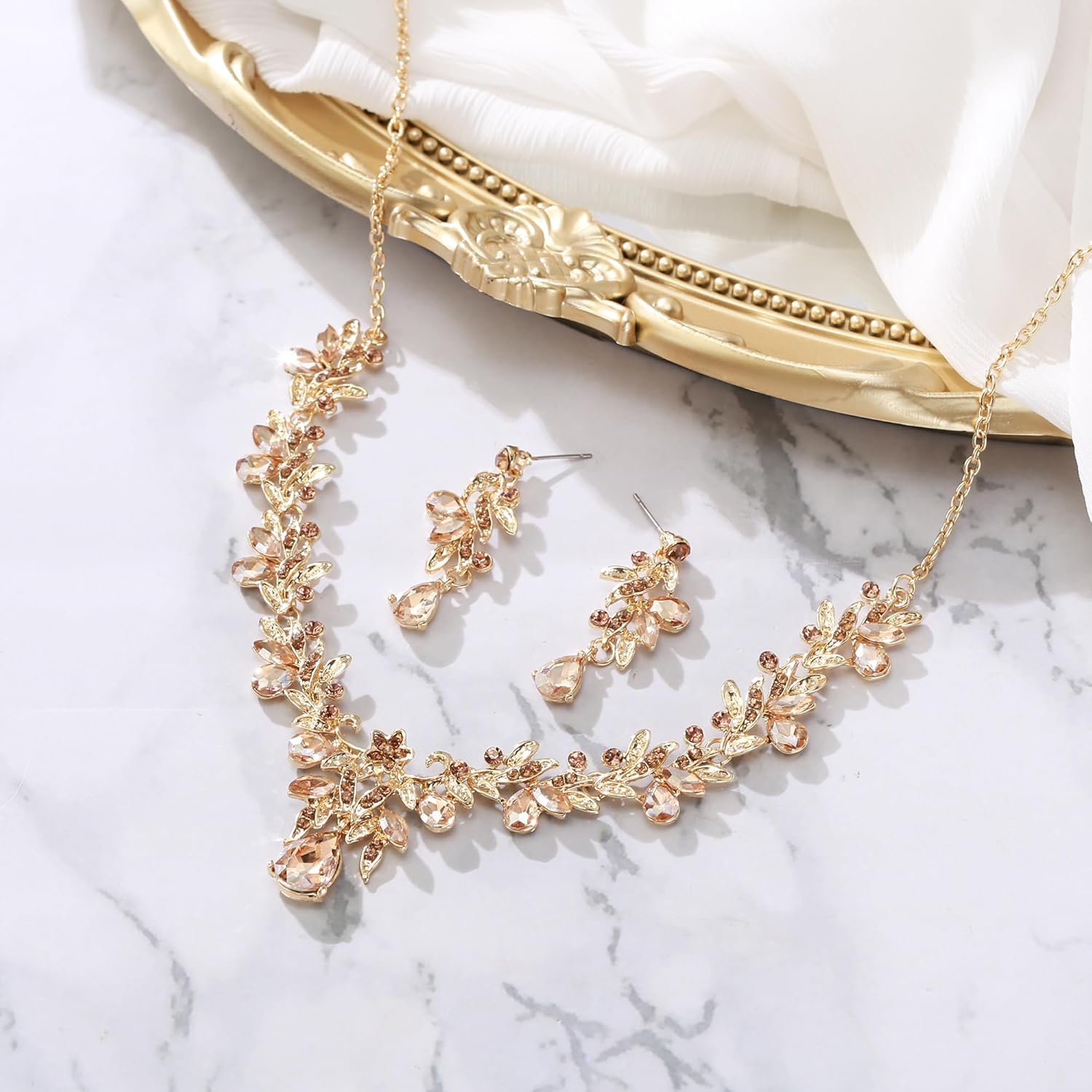Thumbnail 3 de Parure bijoux femme Clearine pour mariage, bal de fin d’année : collier + boucles d’oreilles cristal feuille fleur ton argent