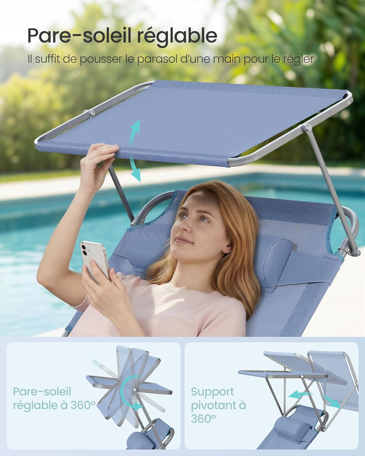 Detalle 2 de SONGMICS Bain de Soleil Grand pliable bleu GCB022Q01 — transat inclinable avec pare-soleil