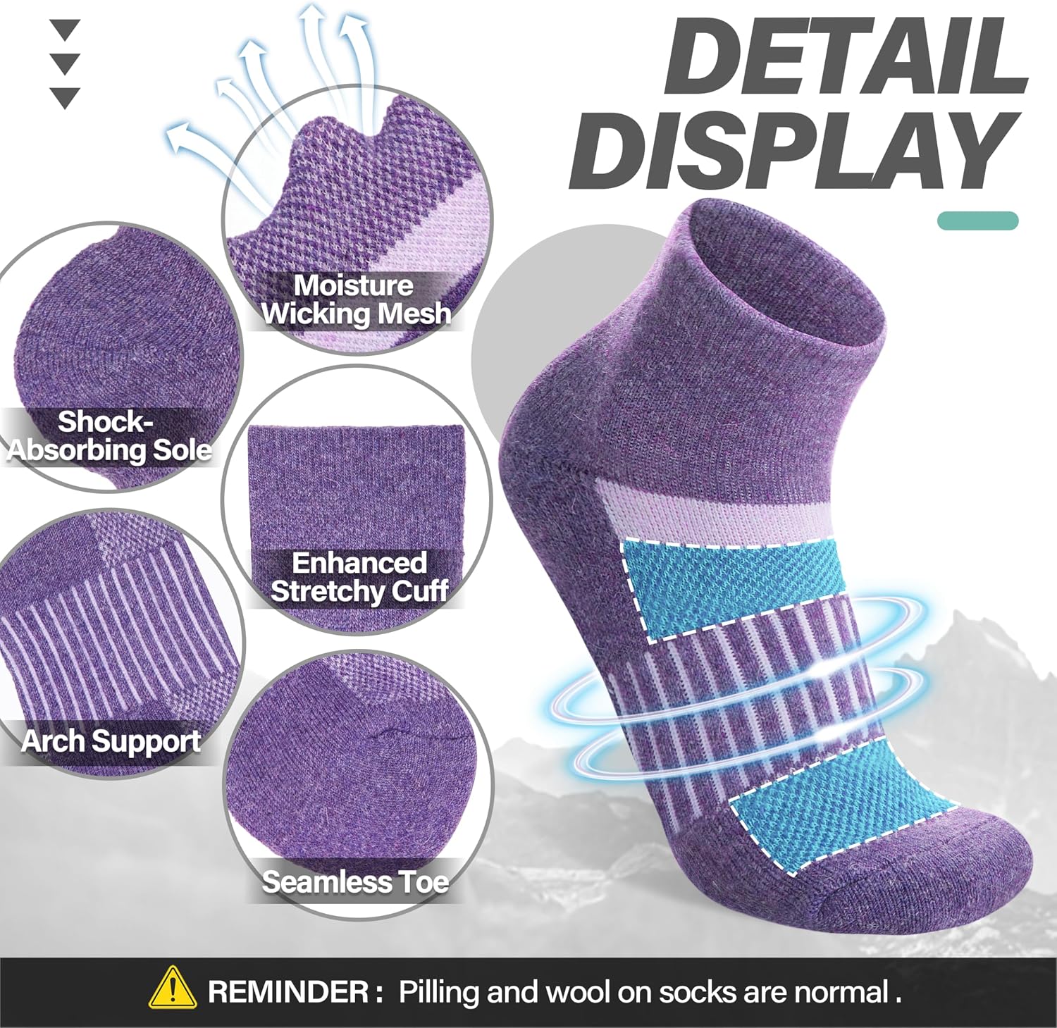 Detalle de MOSEY KOSY Merino Kurz Viertellänge Wandersocken – 6 Paar warme, atmungsaktive Wollsocken für Herren und Damen