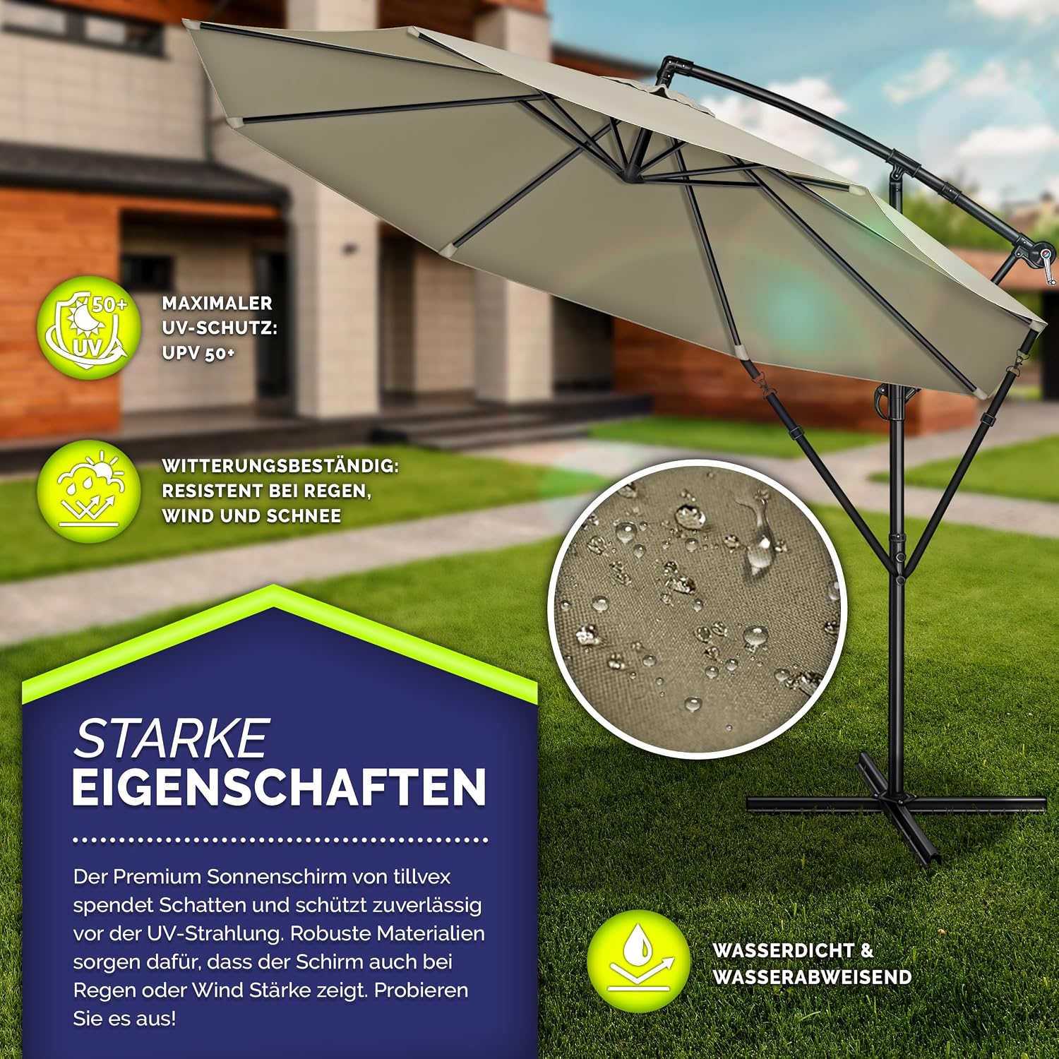 Thumbnail 1 de tillvex Alu-Sonnenschirm mit Abdeckung Ø 300 cm, Kurbel & 360° drehbar (Ampelschirm)