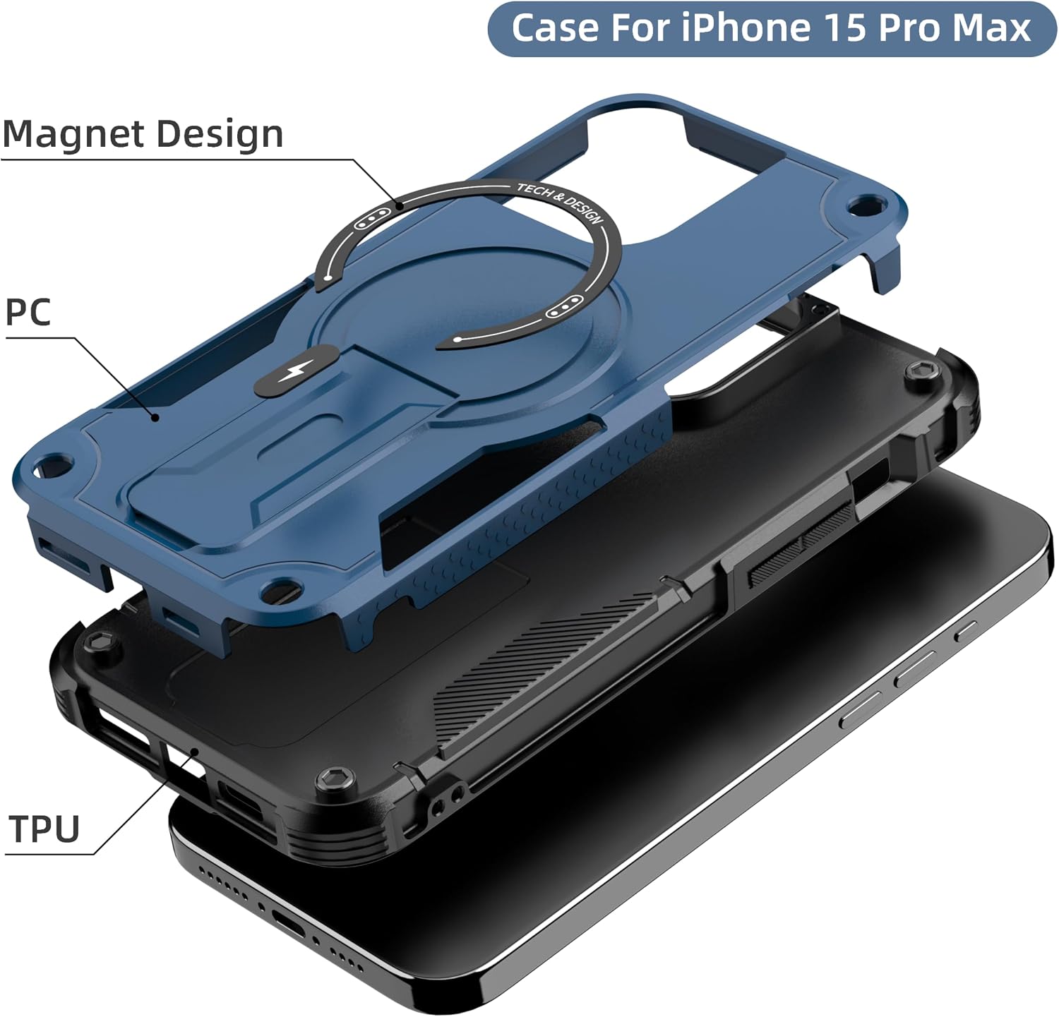 Thumbnail 6 de Tuvror Magnetic Case for iPhone 15 Pro Max with Stand – MagSafe Compatible, Blue