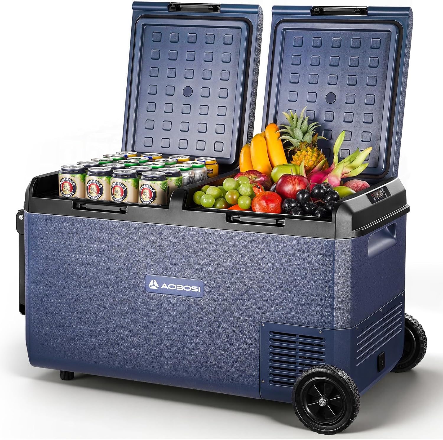 Detalle de AAOBOSI 75L Car Fridge Freezer with Dual Zone Control and Wheels