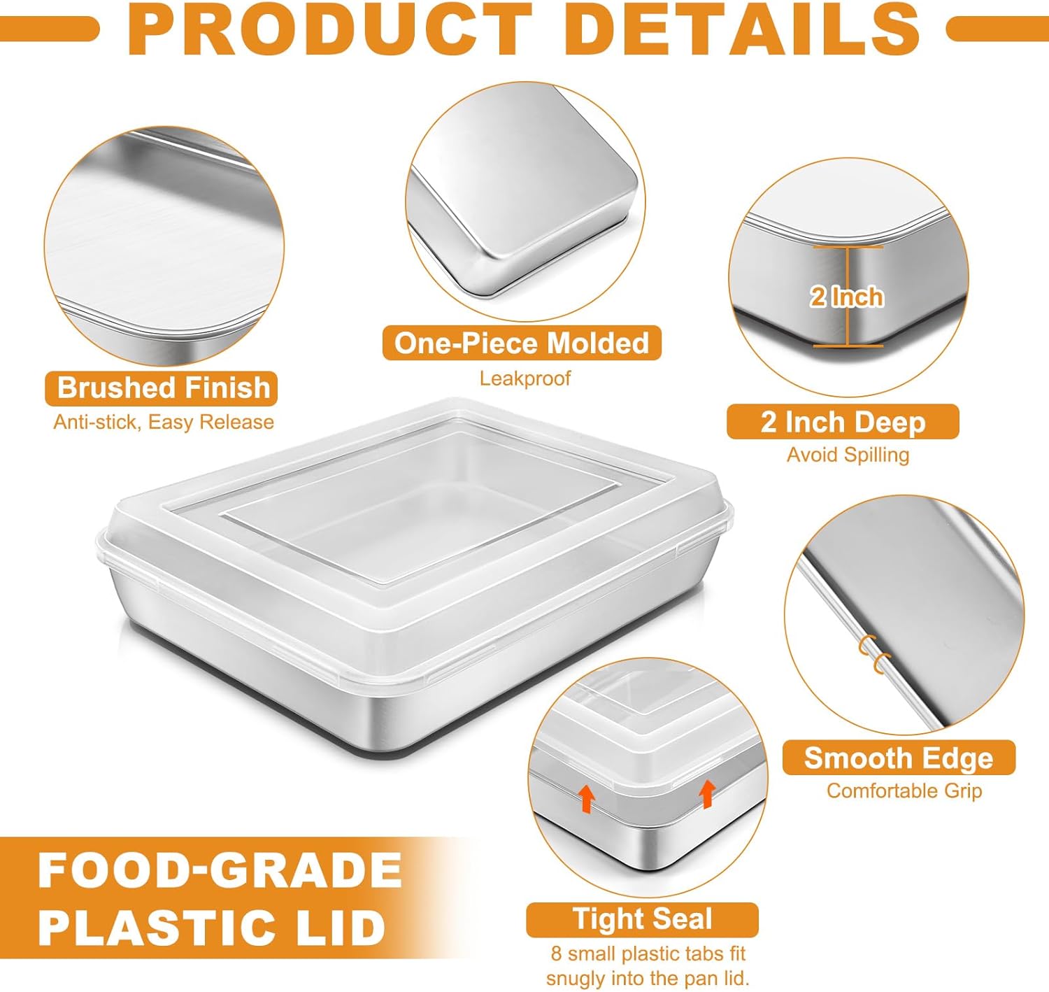Detalle de Blingco Stainless Steel Baking Pan with Lid (12⅓ x 9¾ x 2 in Deep) — 2 Rectangular Cake Pans + 2 Lids