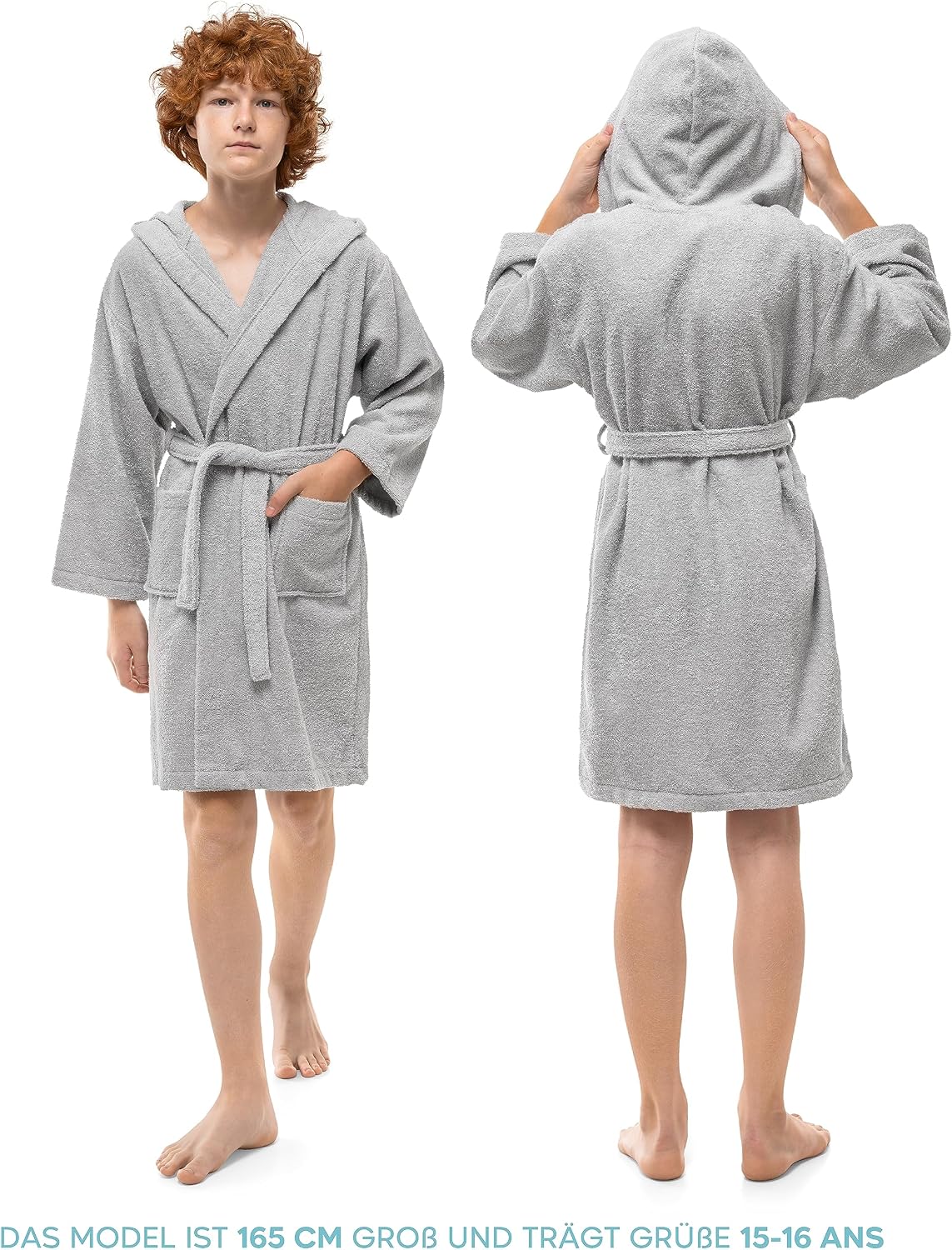 Detalle de Twinzen Bademantel für Kinder & Teenager mit Kapuze aus 100% Baumwolle (Oeko-Tex), Frottee