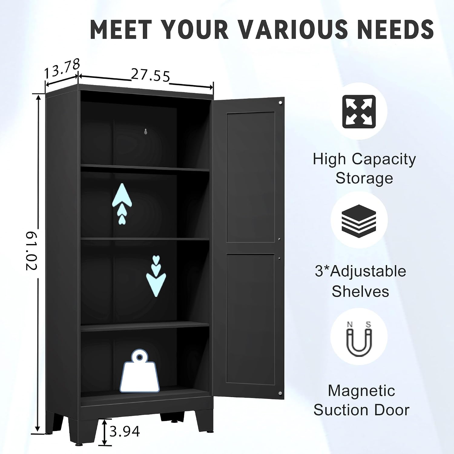 Detalle de GAIOUS 2D-Black Kitchen Pantry Cabinet, Black Metal with Adjustable Shelves