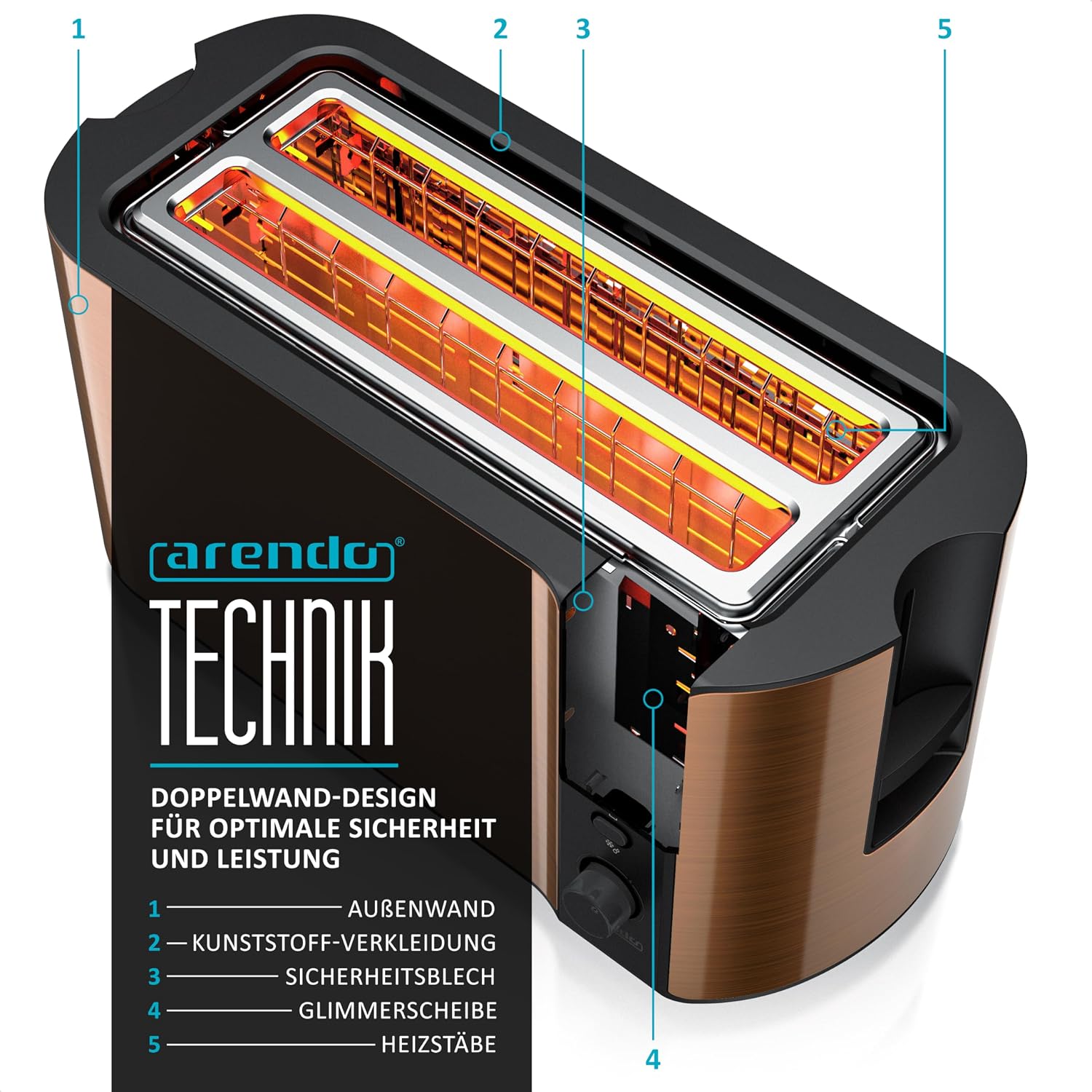 Detalle de Arendo Edelstahl-Langschlitztoaster für 4 Scheiben mit Defrost-Funktion und Restzeitanzeige (1500 W)