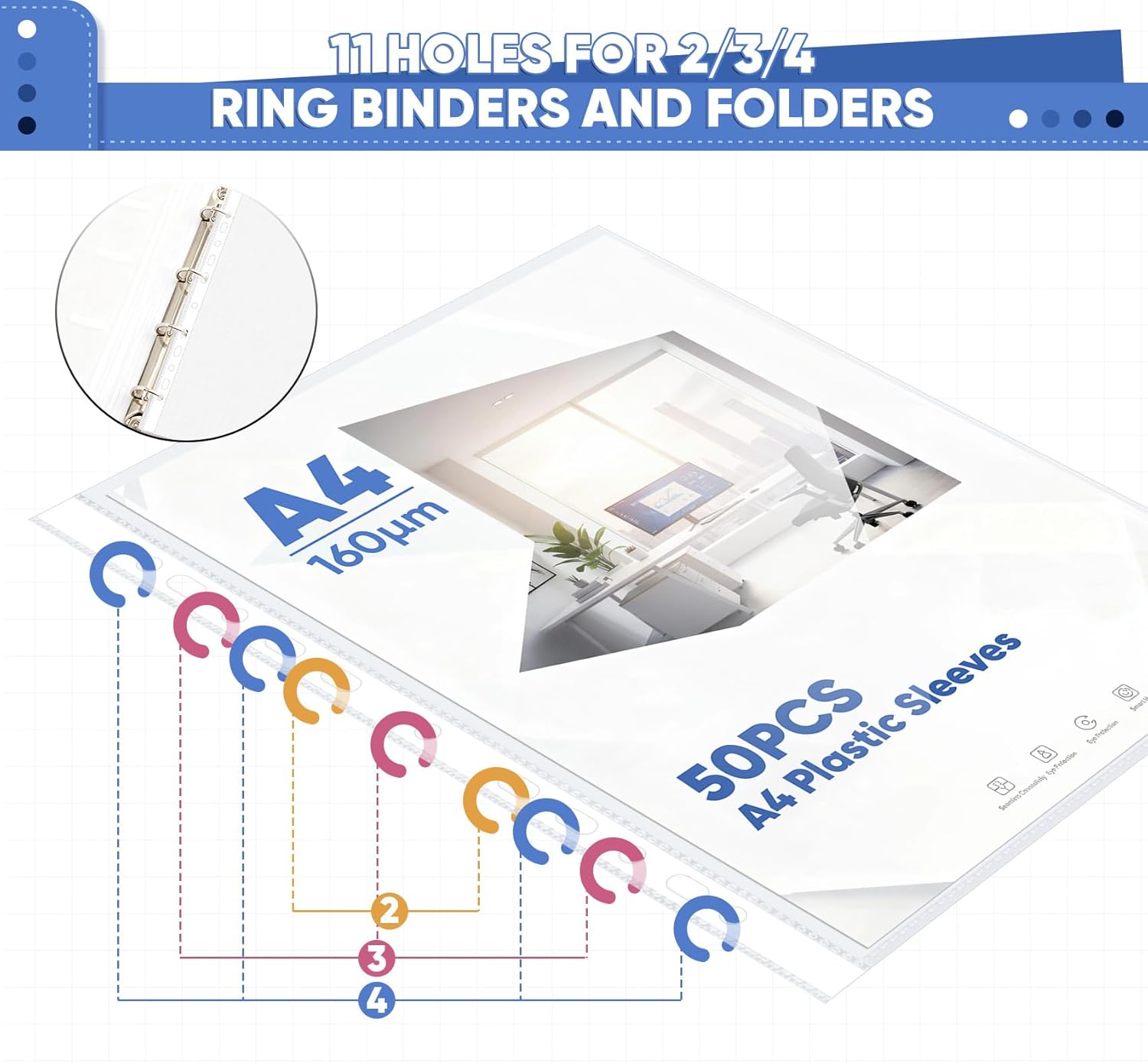 Thumbnail 2 de AGOER 50-pack A4 heavy duty punched plastic pockets (160 micron, clear, 11-hole) for ring binders