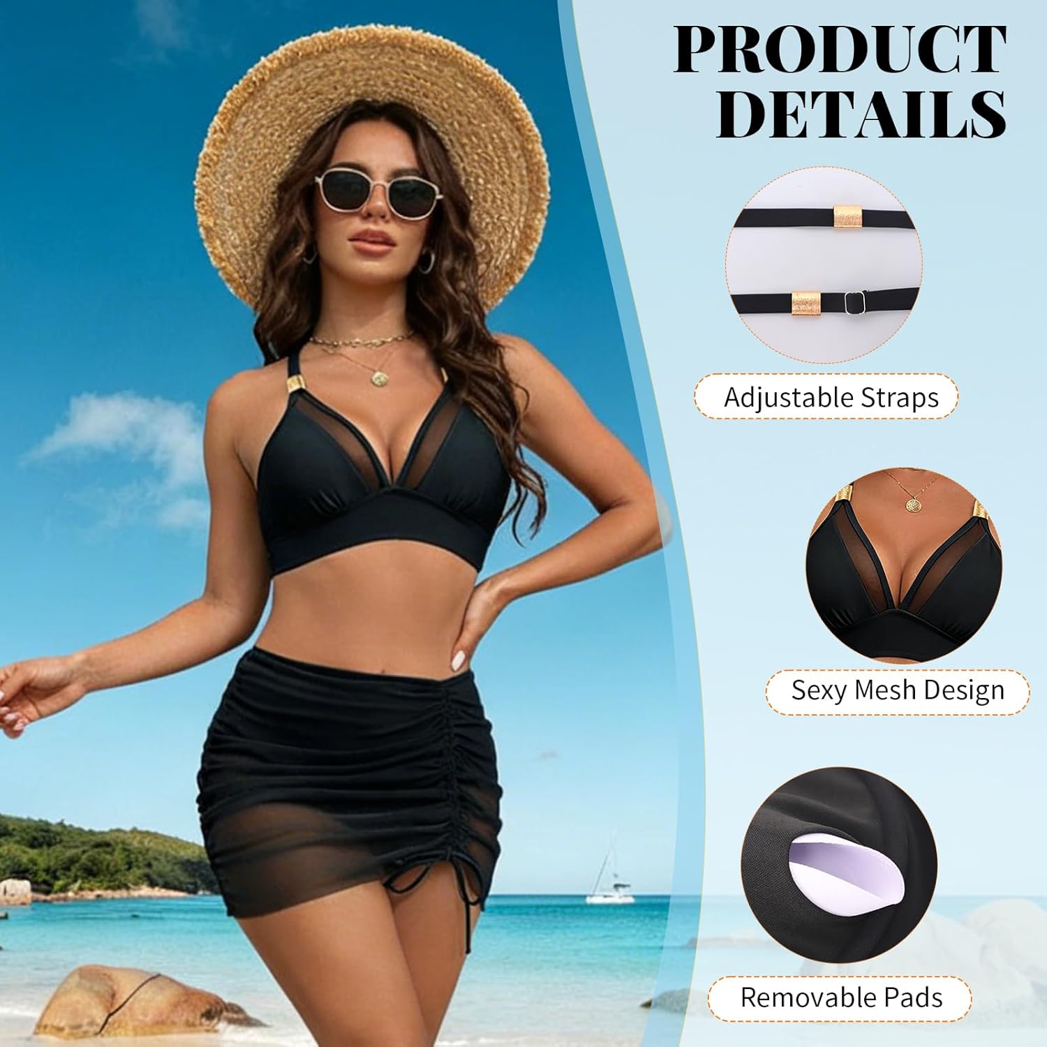 Detalle de GOZINA Women's Two Piece V-Neck Mesh Bikini Set with Adjustable Straps and Built-in Shorts