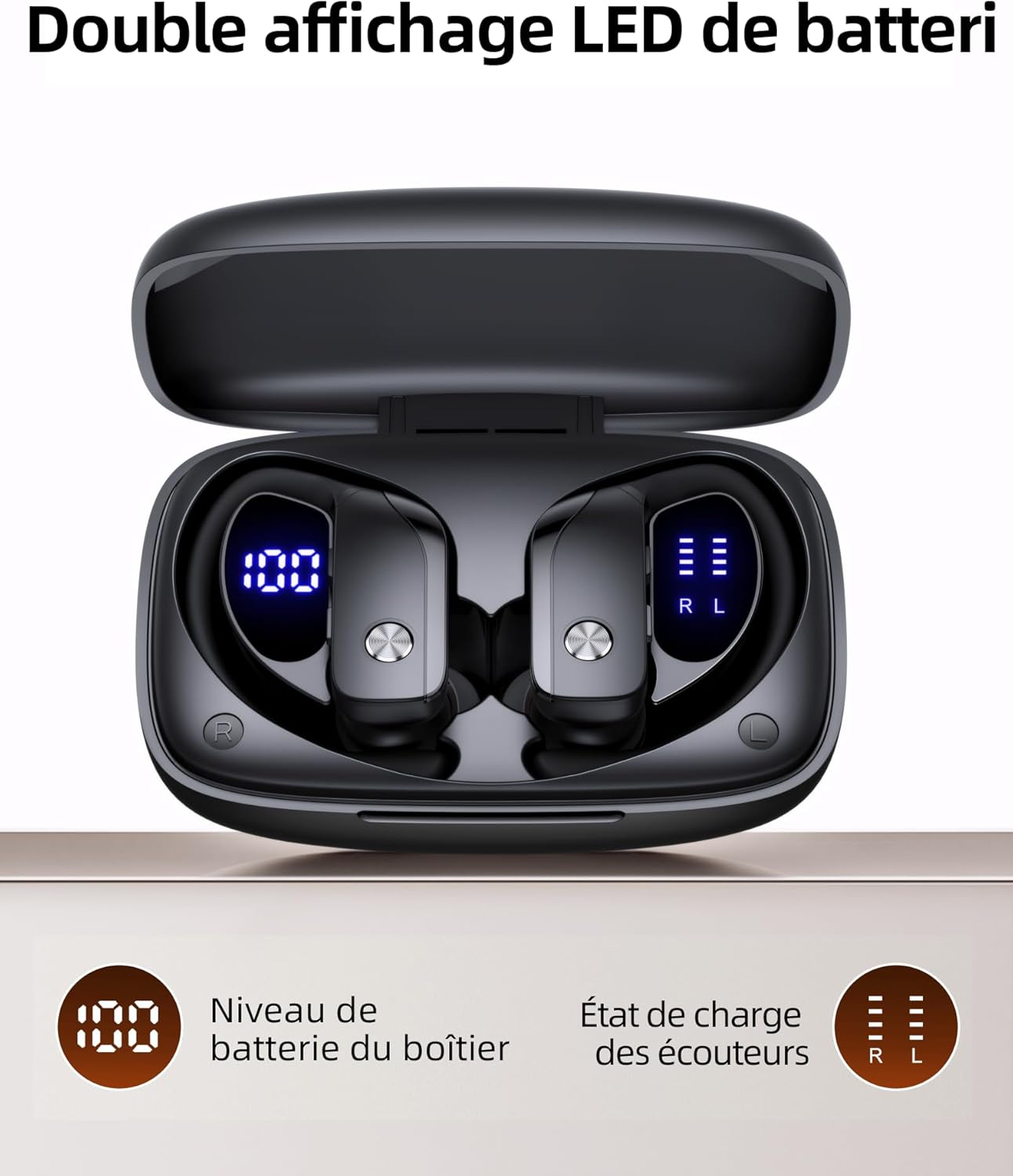 Detalle de ECLVOX Écouteurs Bluetooth sans Fil Sport – 80H d’autonomie, Crochets d’Oreille et Affichage LED