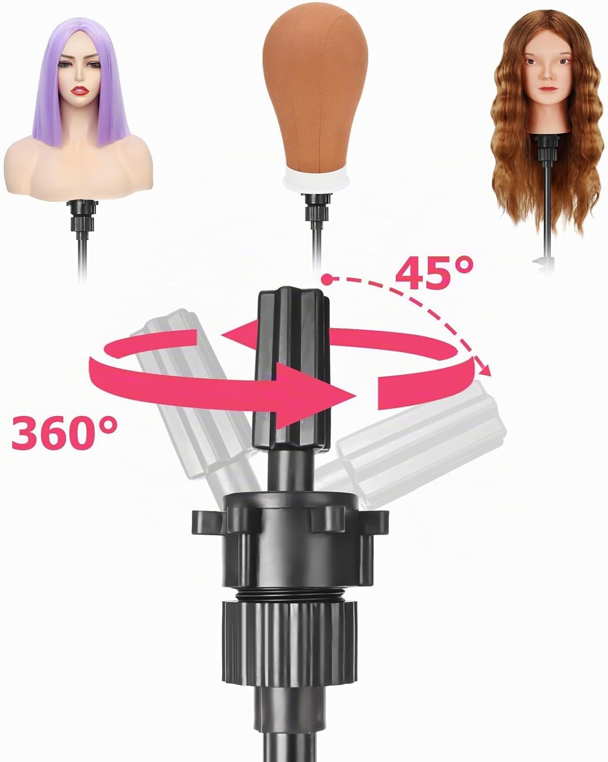 Detalle de CASDUCT Mannequin-Kopfständer (160 cm), verstellbarer Perückenständer aus verstärktem Metall – für Friseurtraining & Kosmetologie (rose)