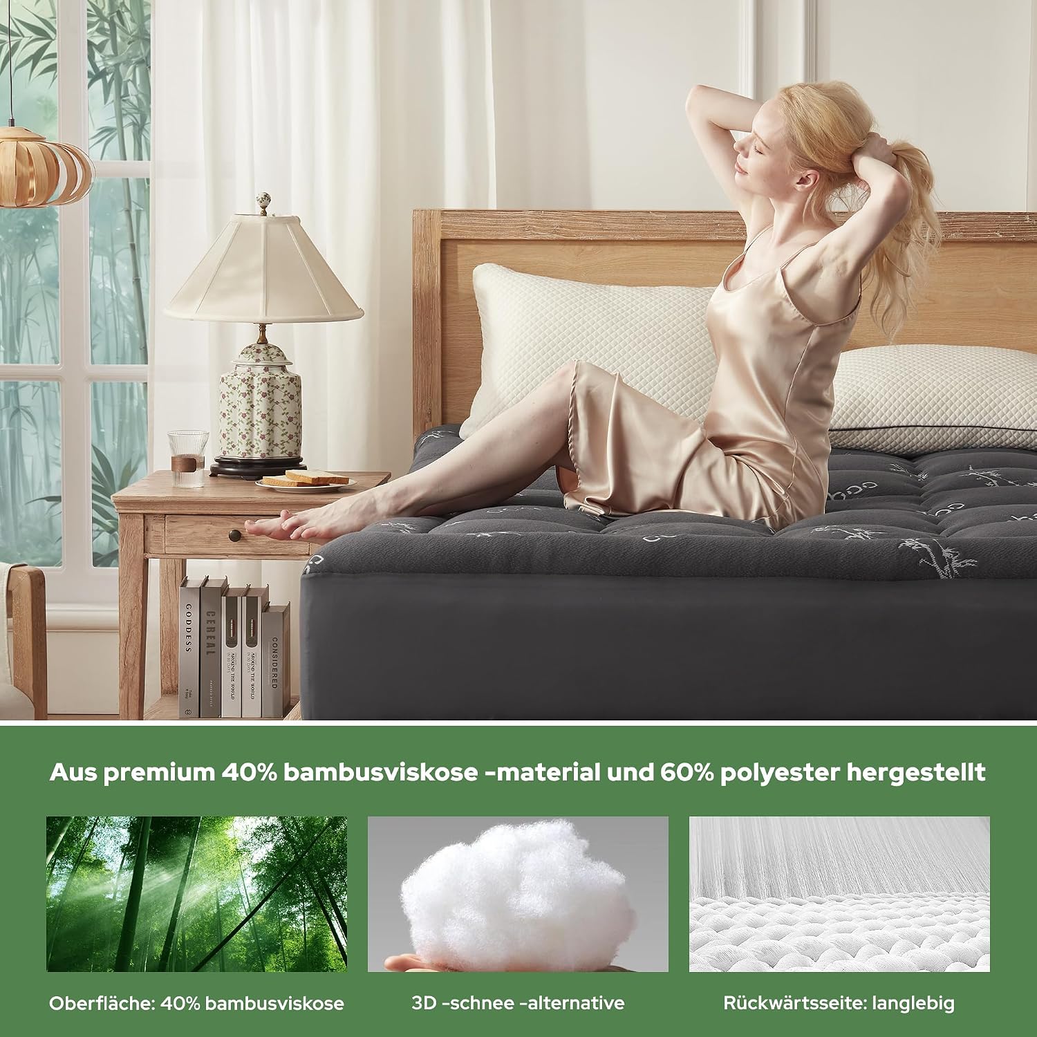 Detalle de BEDLORE Matratzentopper 180x200 cm aus Bambusfaser-Viskose, mit dehnbaren Taschen (40 cm) – Dunkelgrau