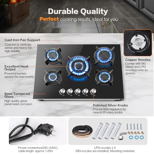 Detalle de SNDOAS Piano Cottura 5 Fuochi 70 cm Nero – 10400 W, accensione elettronica e conversione GN/GPL