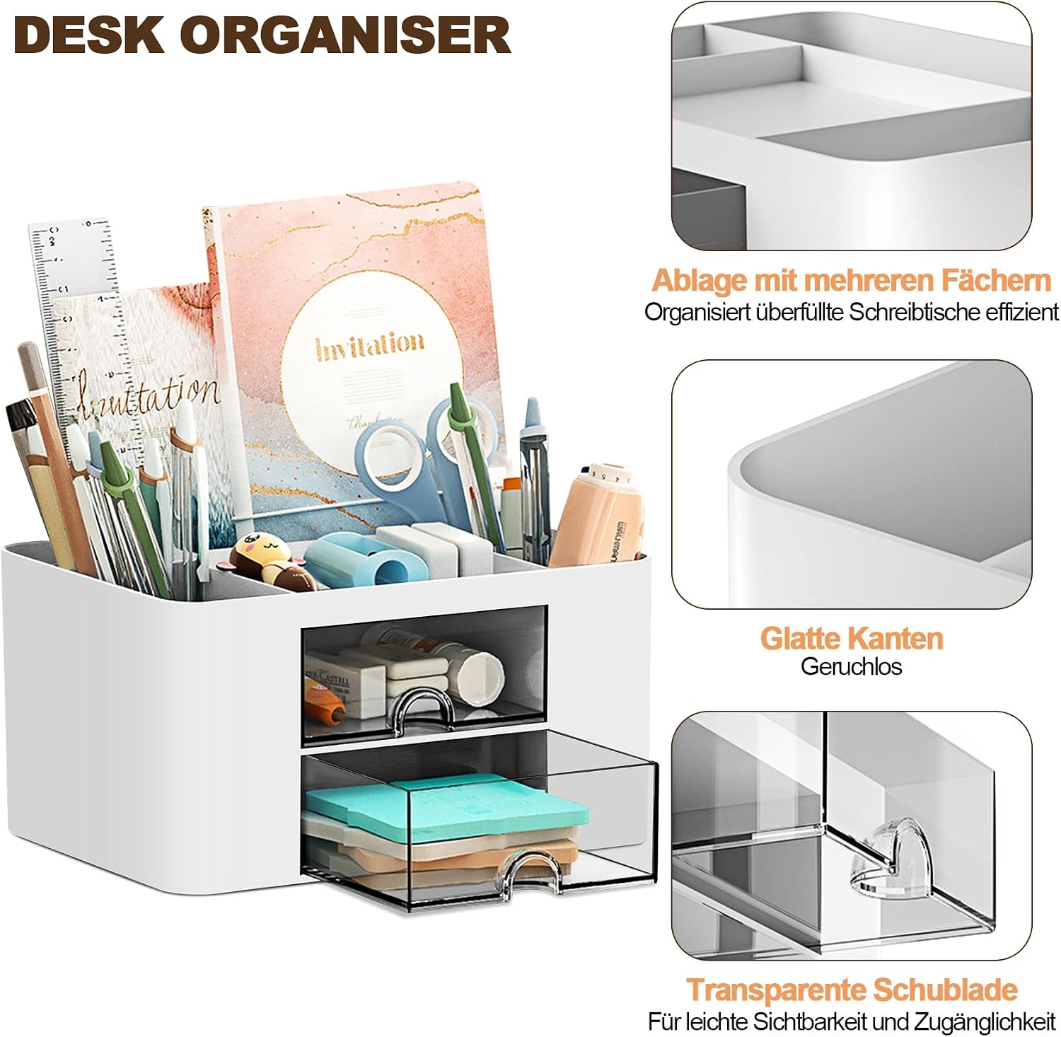 Detalle 2 de PAMIYO Schreibtisch Organizer mit 7 Fächern, Kunststoff (weiß) – Stiftehalter mit Schublade für Büro, Zuhause & Schule