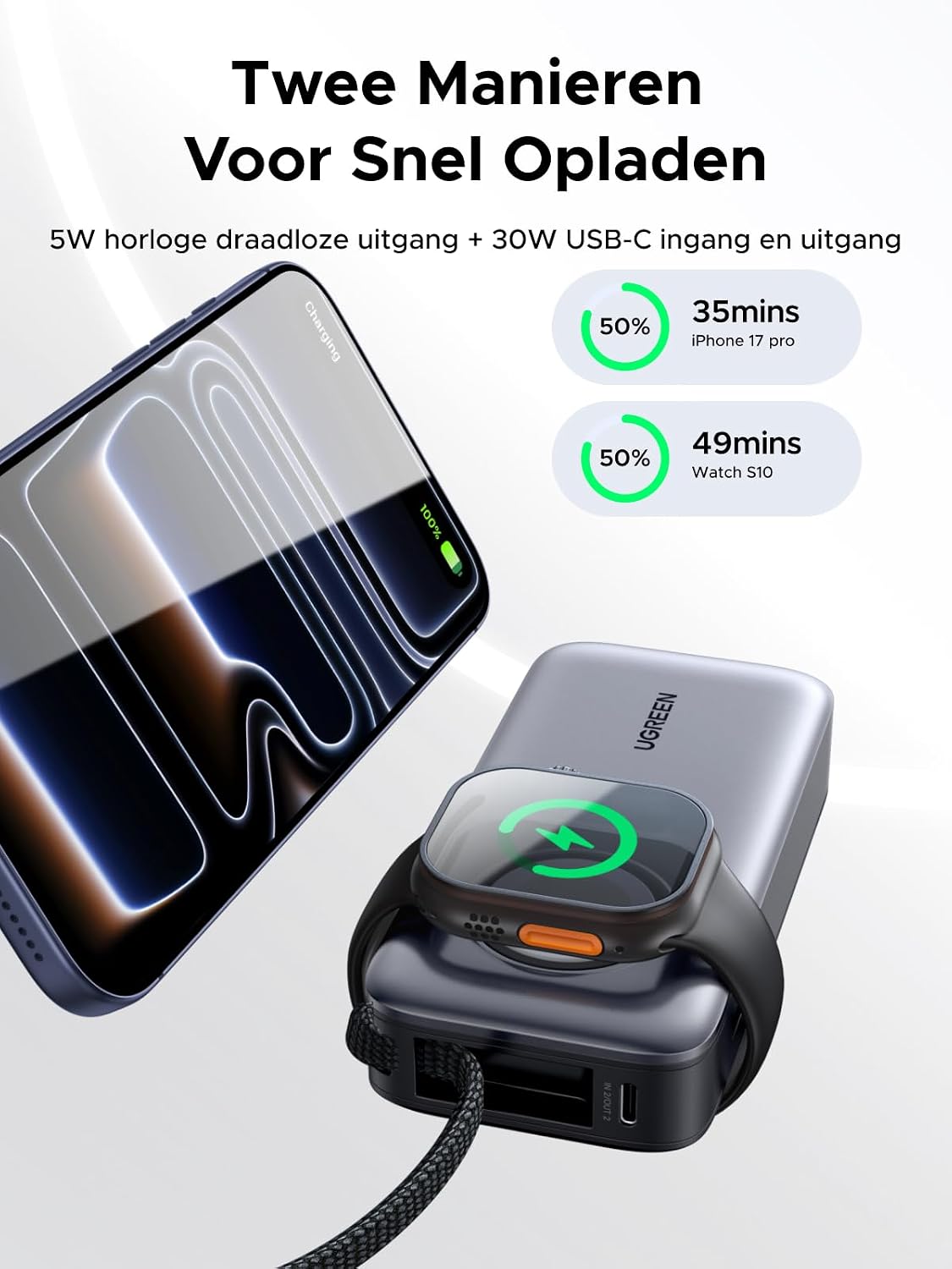 Thumbnail 1 de UGREEN Nexode 55434 powerbank 10.000 mAh met 30W USB-C en iWatch-lader