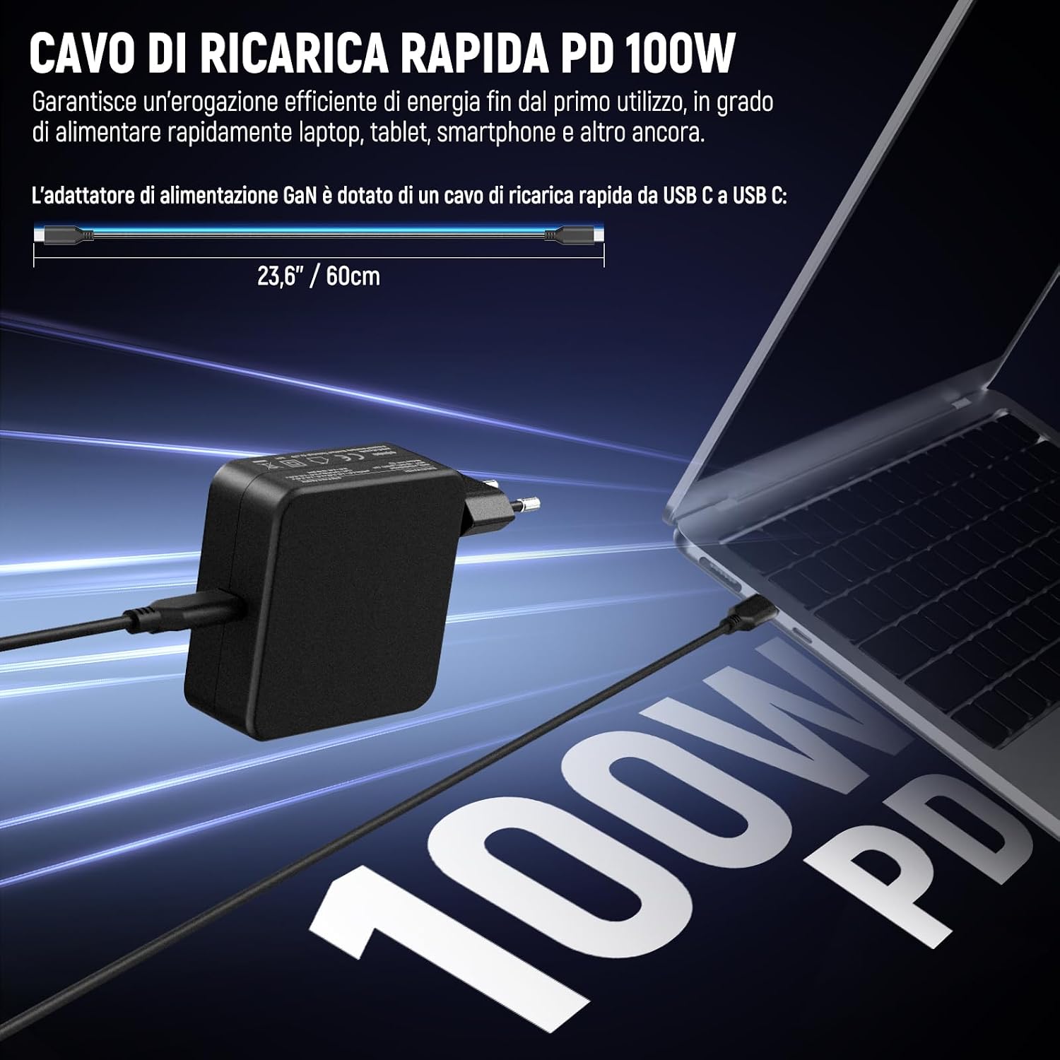 Detalle de NEEWER caricabatterie GaN USB-C PD 100W da muro con cavo USB-C per batterie V-mount e dispositivi