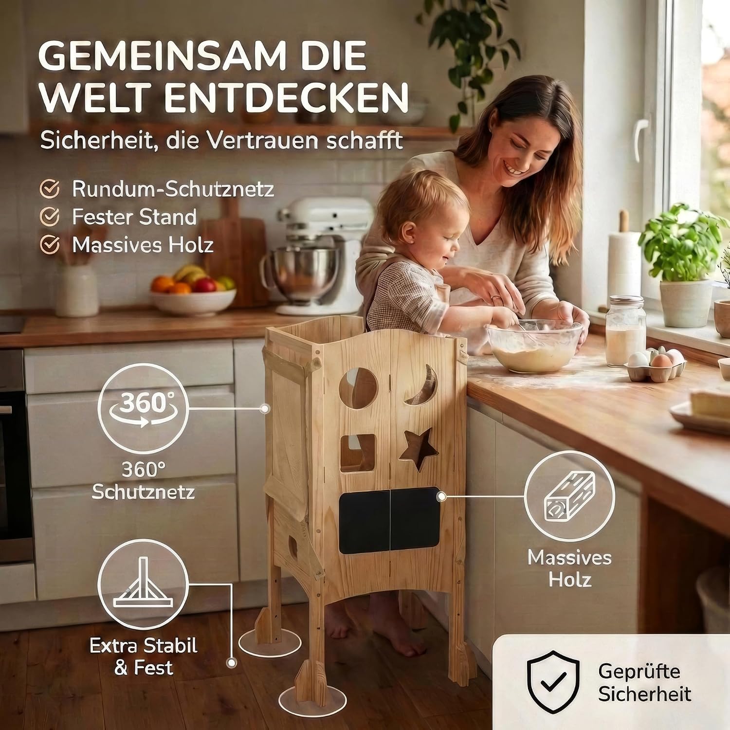 Detalle 2 de BabybeFun Lernturm ab 1 Jahr, klappbar mit 360° Sicherheitsnetz & Anti-Kipp-Schutz
