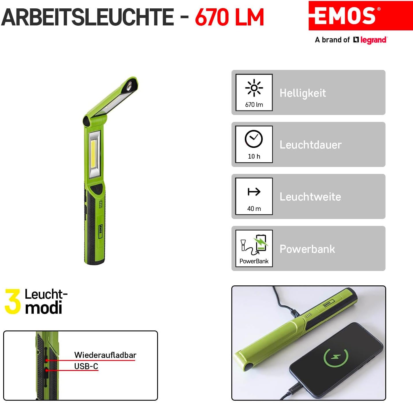 Detalle 2 de EMOS P4535 rozkładana lampa robocza LED 670 lm z powerbankiem i 3 trybami