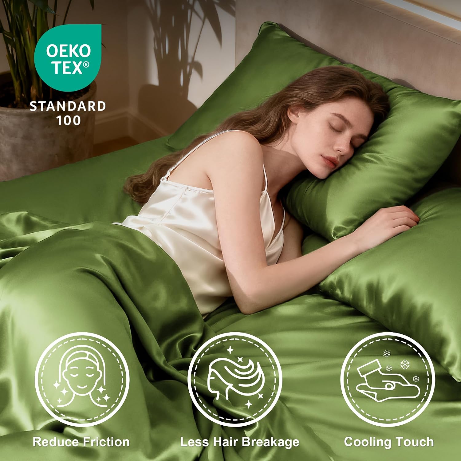 Detalle de Love's cabin Satin King Sheet Set, 4-Piece, Sage, 15-Inch Deep Pockets