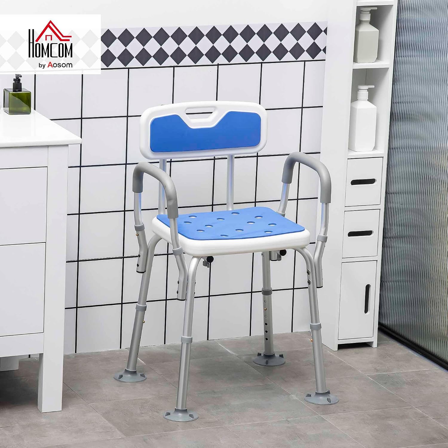 Thumbnail 1 de HOMCOM Tabouret de douche chaise ergonomique à hauteur réglable (6 niveaux) en alu et HDPE, 136 kg max