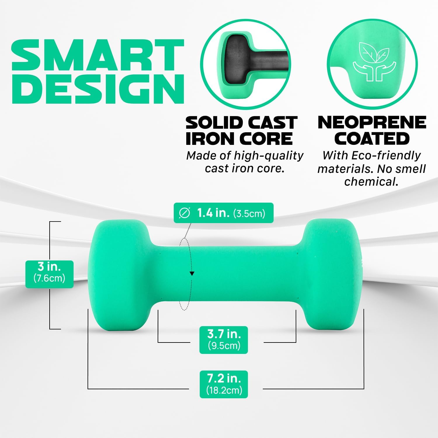 Detalle 2 de Yes4All Neoprene-Coated Dumbbell Pair, 5 lb, Teal Green, Hexagonal Heads